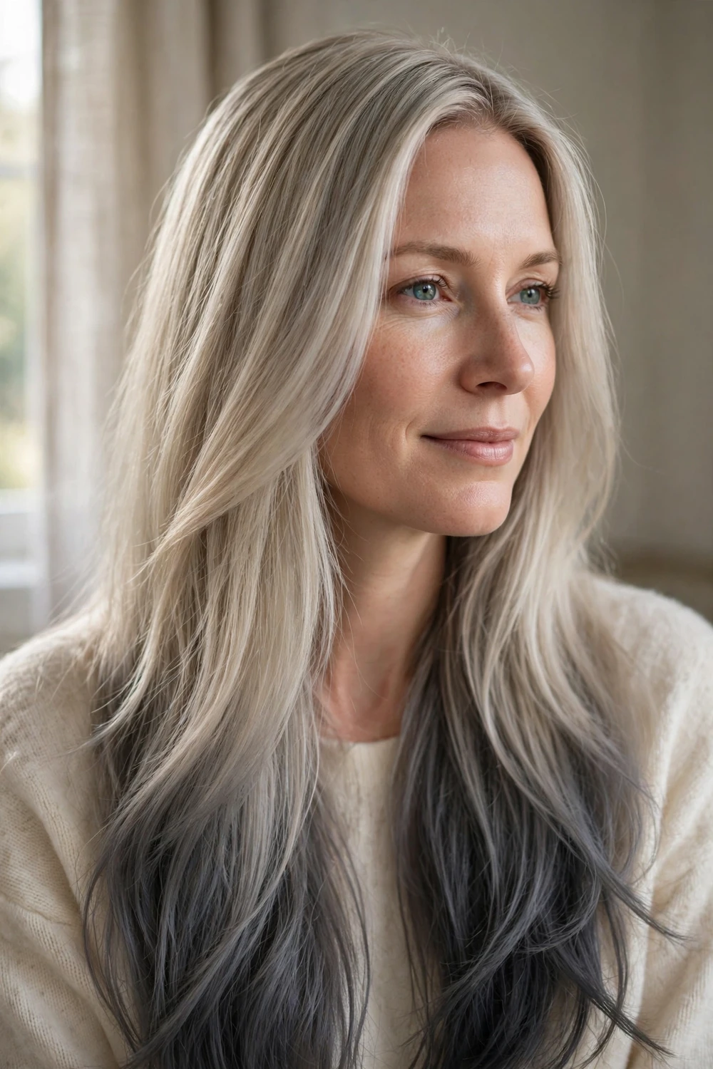 Woman with ash blonde to gray ombre hair