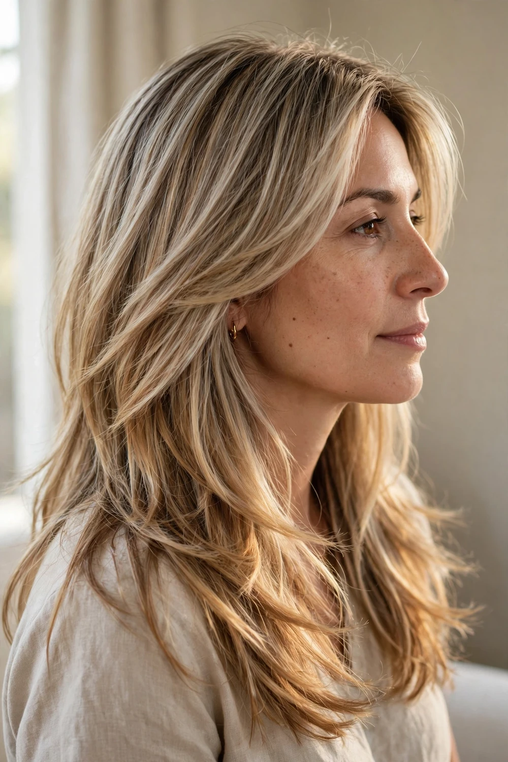 Woman with long layered honey ash blonde hair
