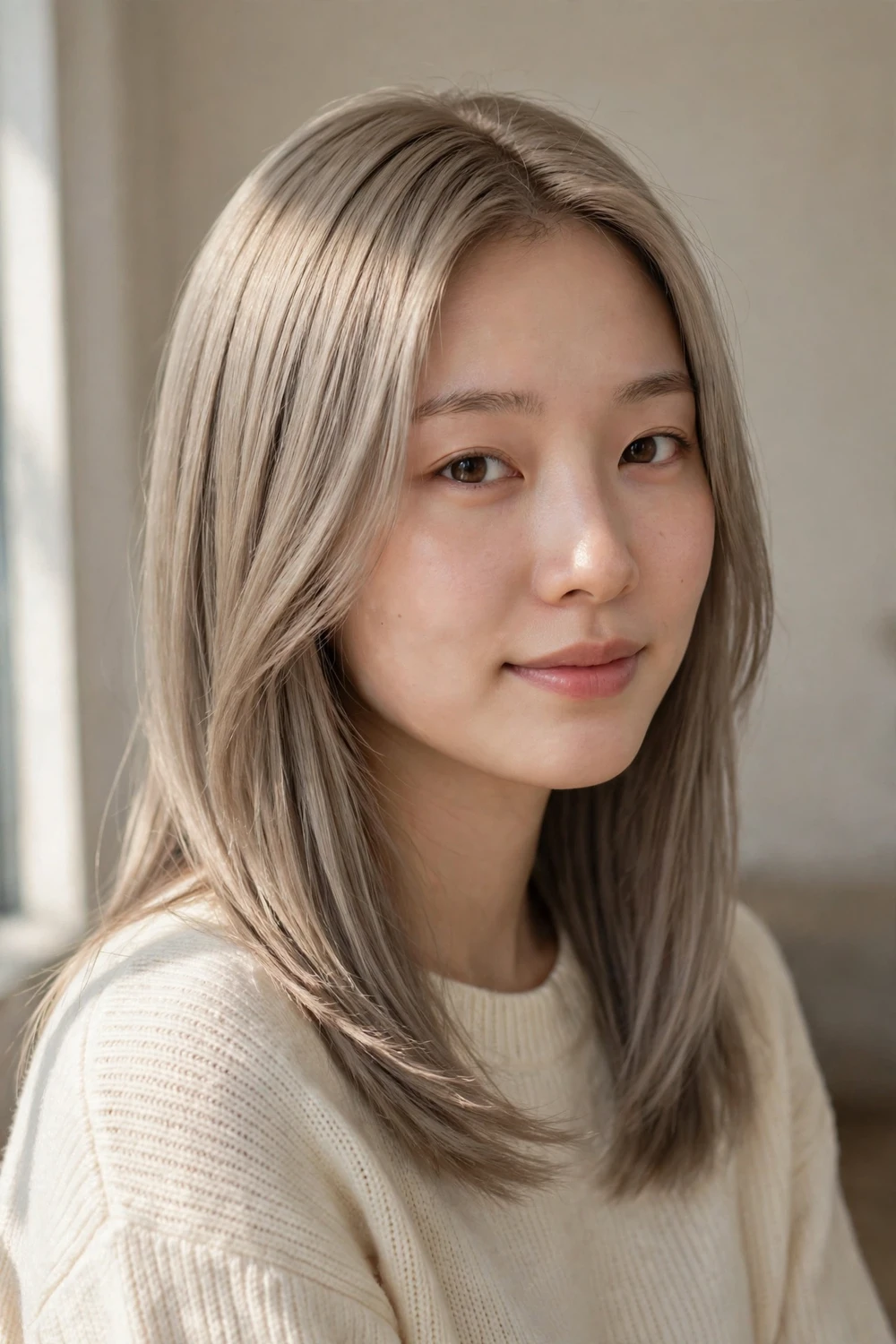 Woman with shoulder length medium ash blonde hair
