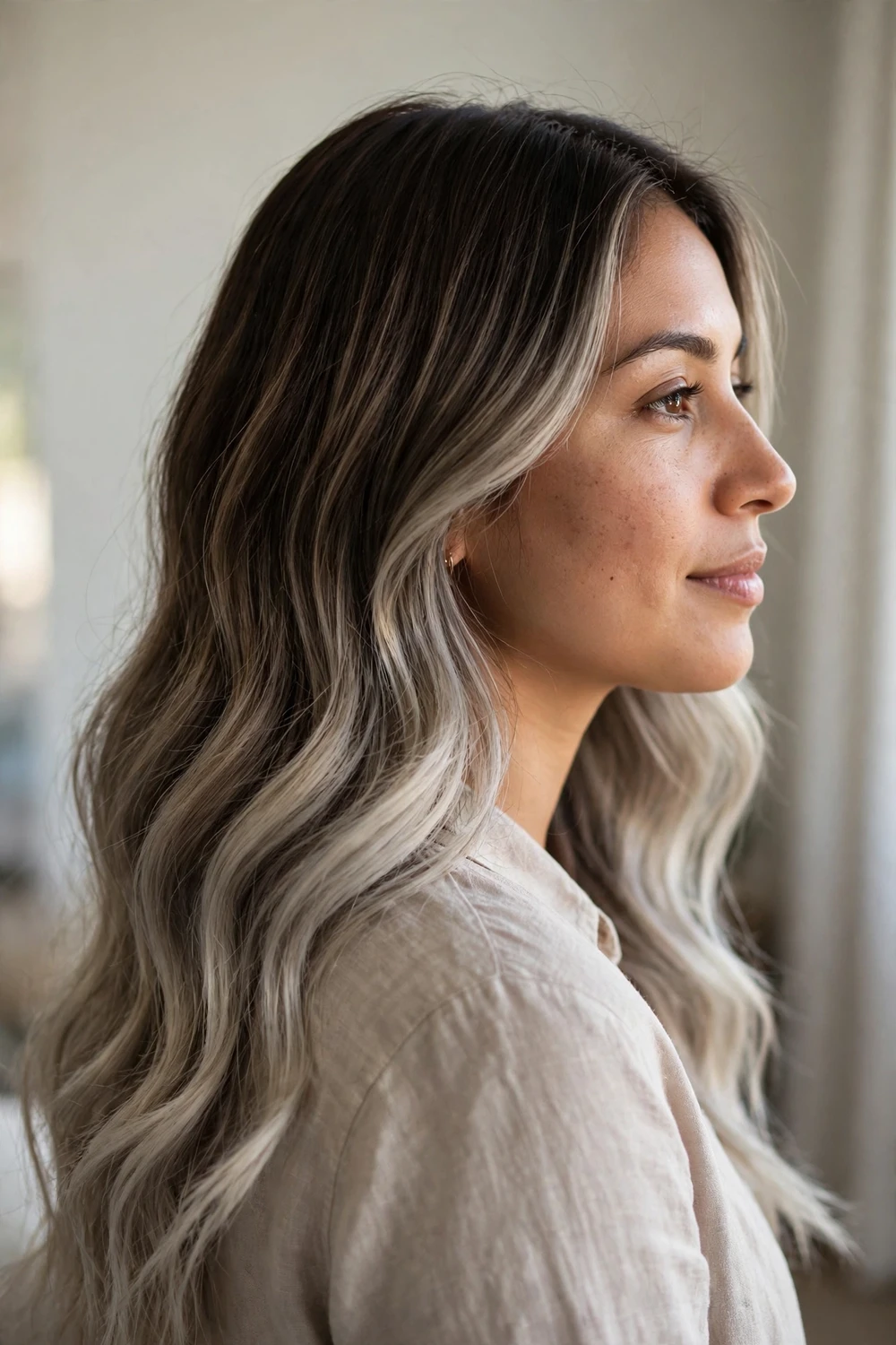 Woman with long ash blonde ombre hair from dark roots