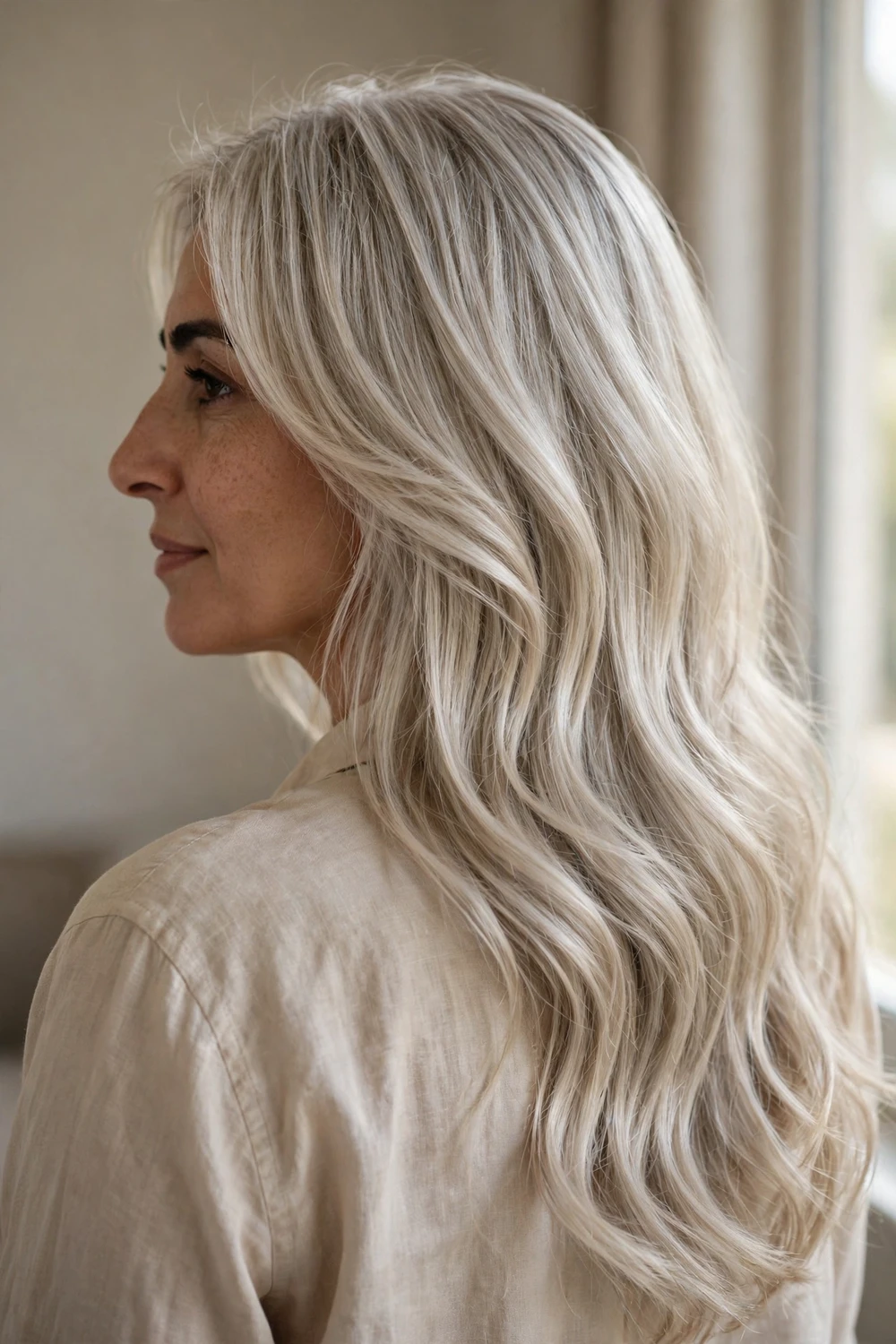 Woman with long layered pearl ash blonde hair