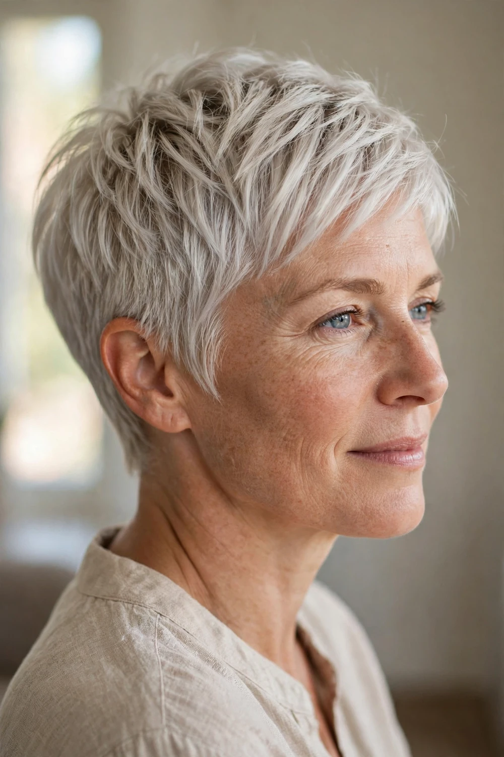 Woman with platinum ash blonde pixie cut