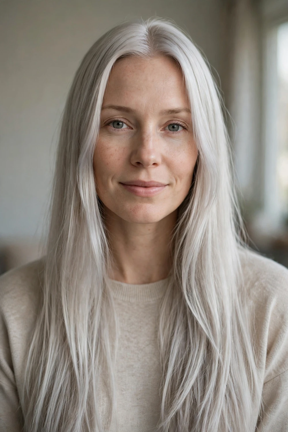 Woman with long straight platinum ash blonde hair