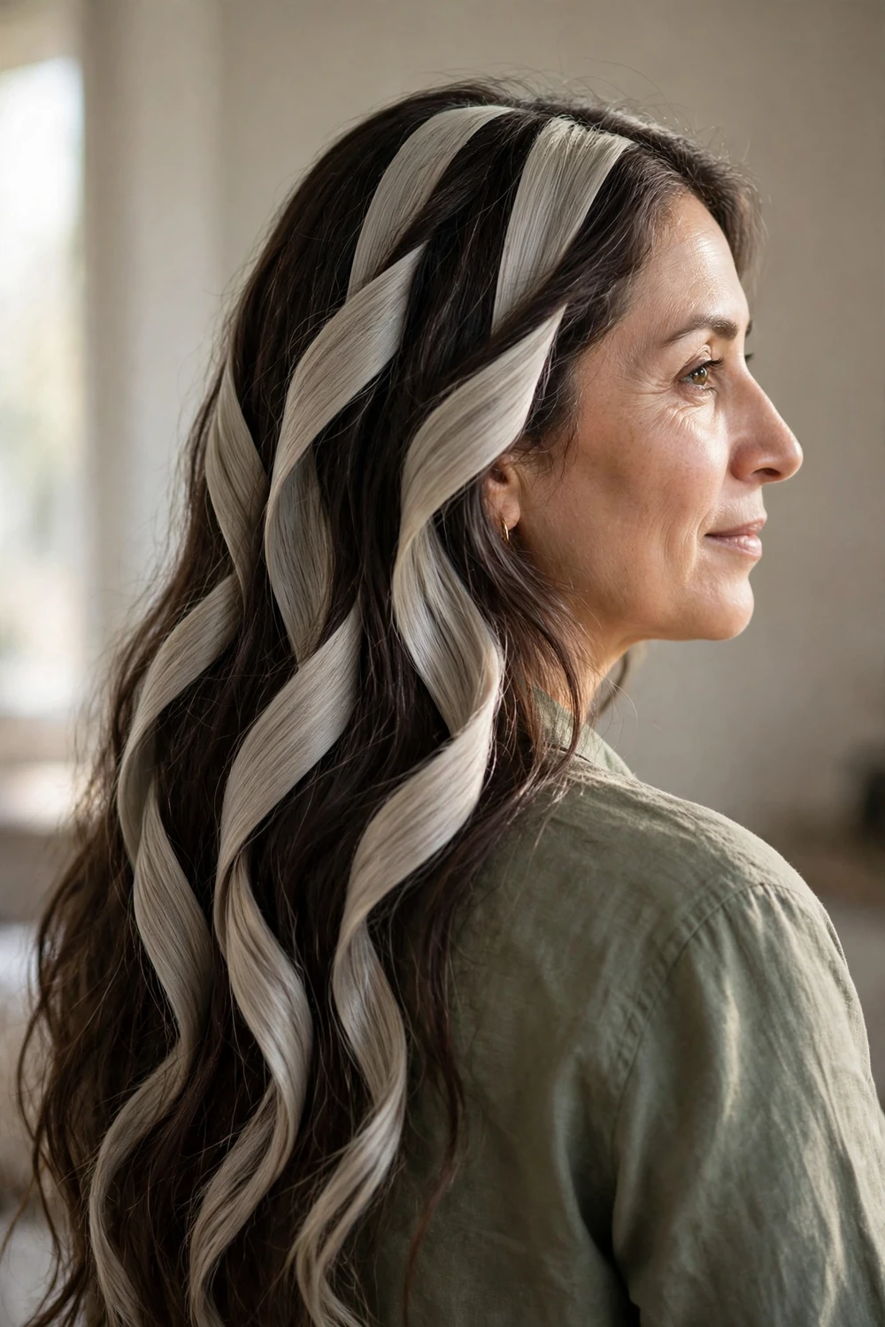 Woman with ash blonde ribbon highlights through dark hair