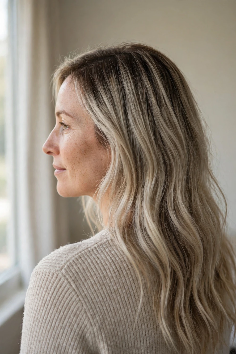 Woman with ash blonde hair and root smudge blend