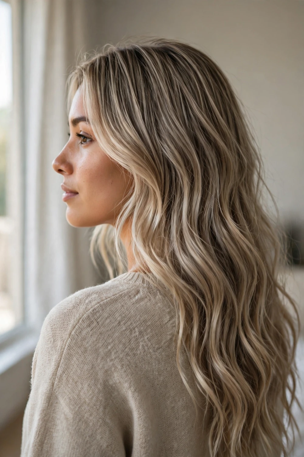 Woman with long wavy sandy ash blonde hair