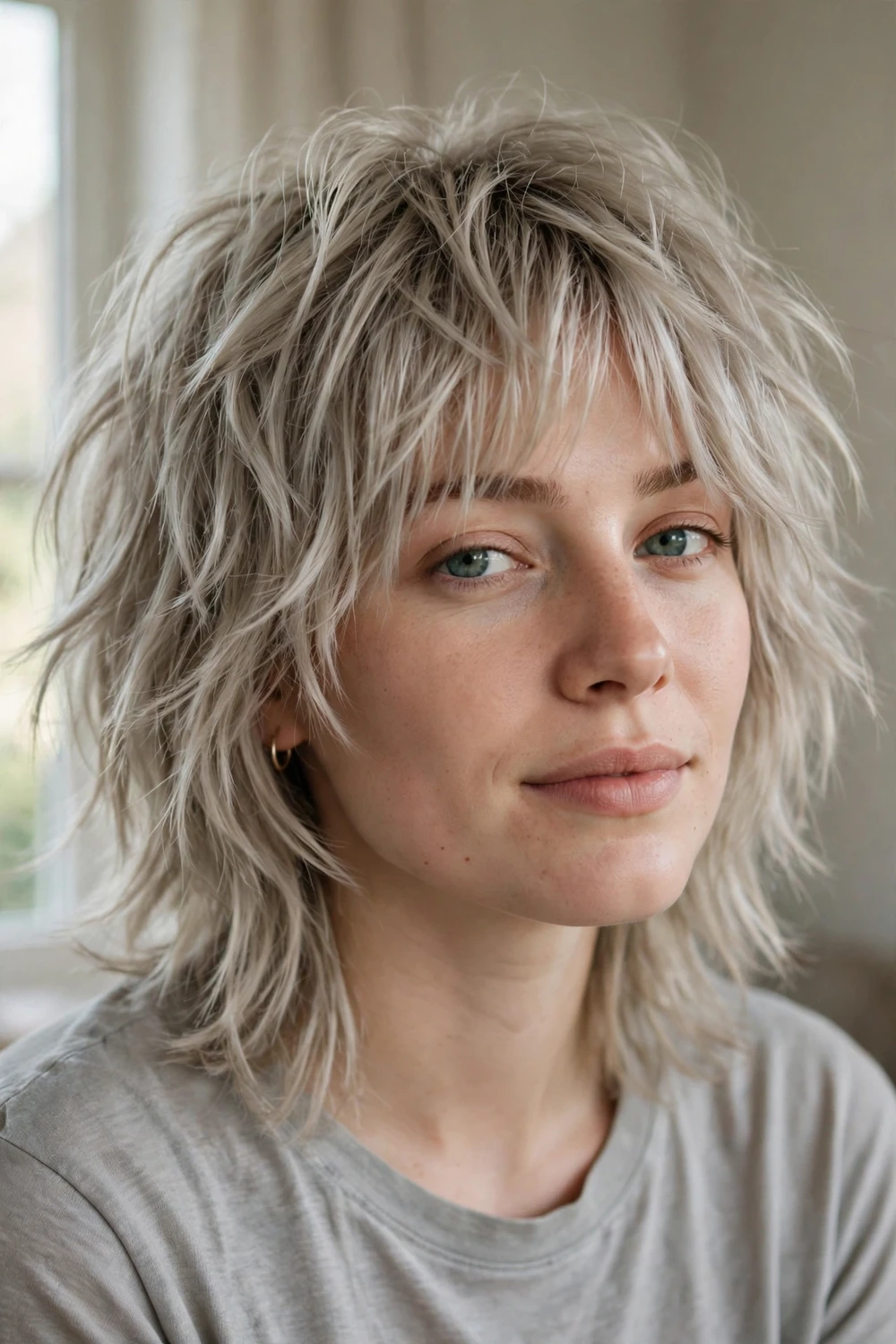 Woman with cool ash blonde shag haircut