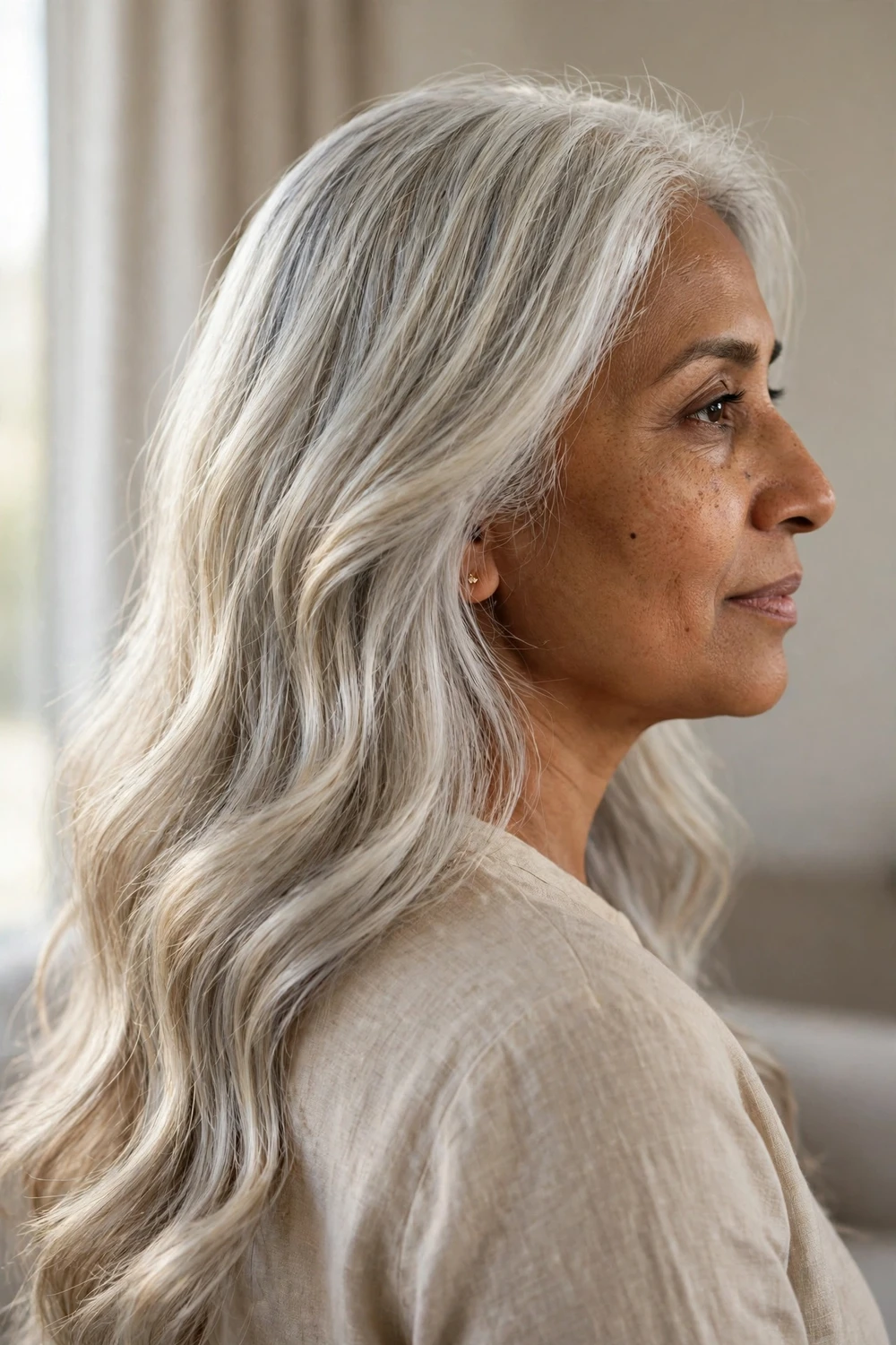 Woman with long silver ash blonde hair