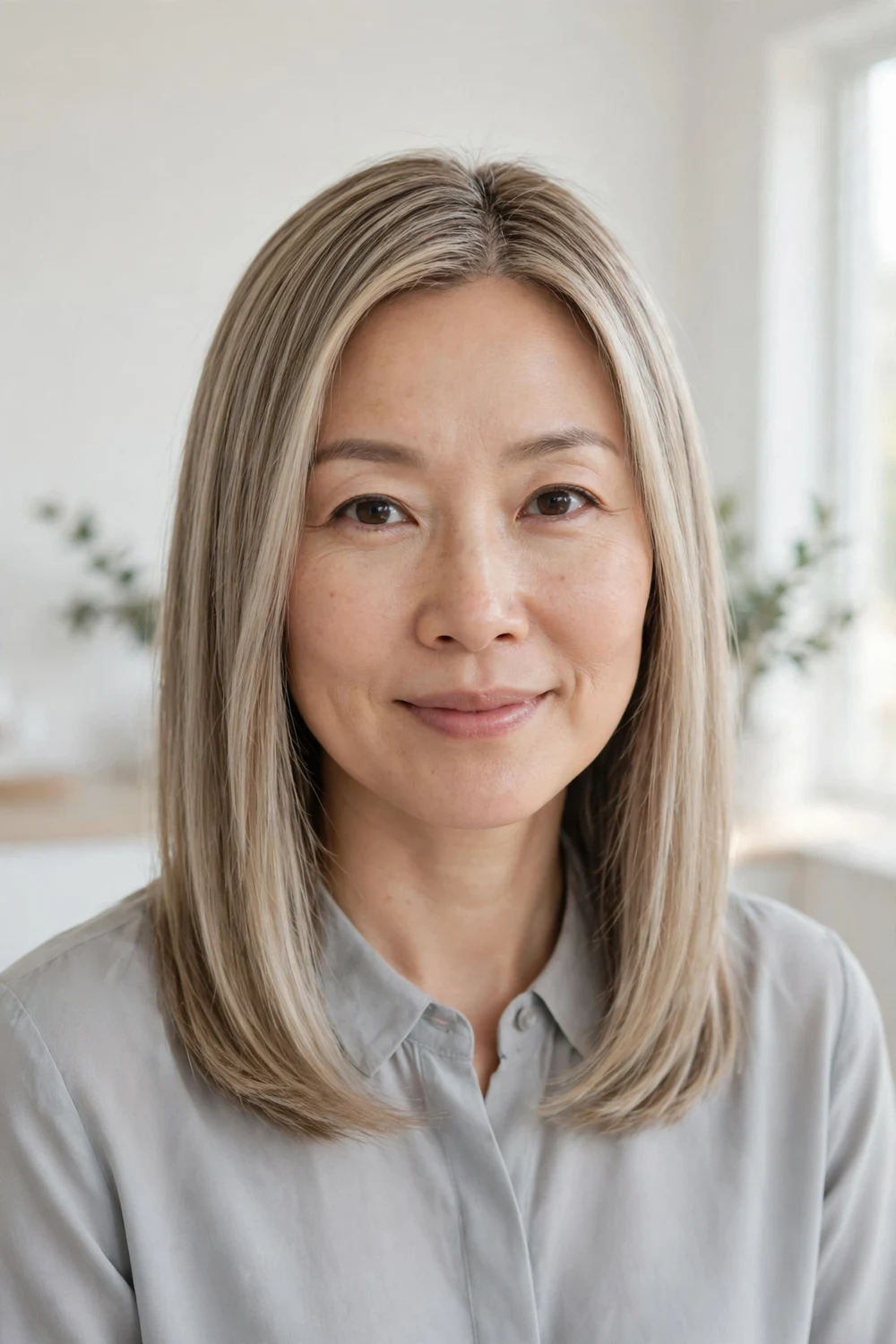 East Asian woman in her early 40s with straight shoulder-length dirty blonde hair and cool ash blonde highlights