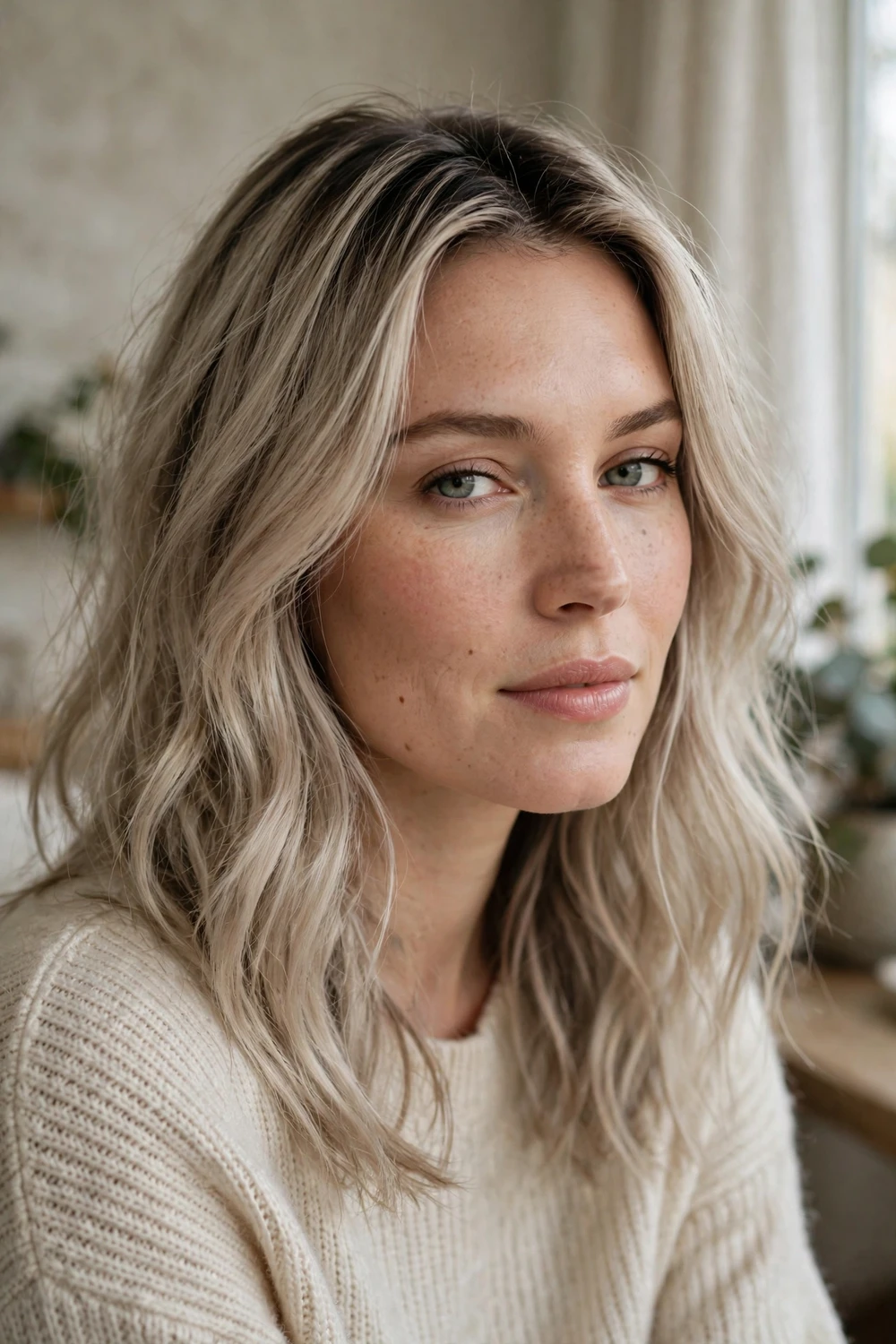 Ash blonde hair with soft dark root shadow
