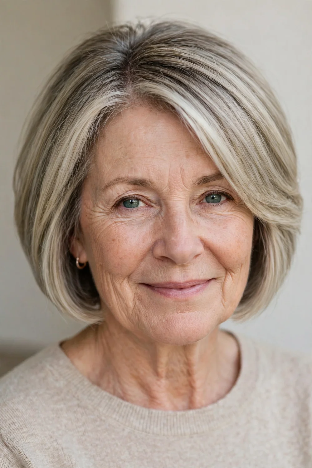 Ash blonde stacked bob haircut with cool tones