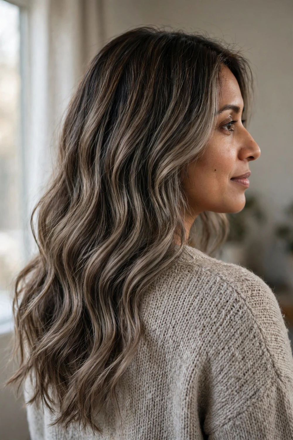 Ash brown balayage with light brown highlights blended over darker brunette roots