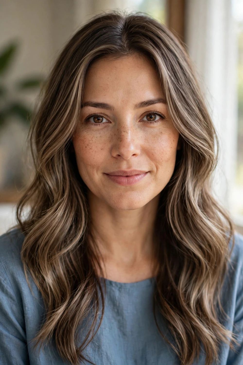 Woman with neutral ash brown hair, balanced cool brunette