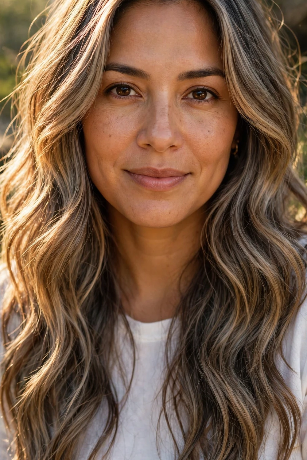 Woman with honey ash brown hair, honey hues over silver-leaning brown