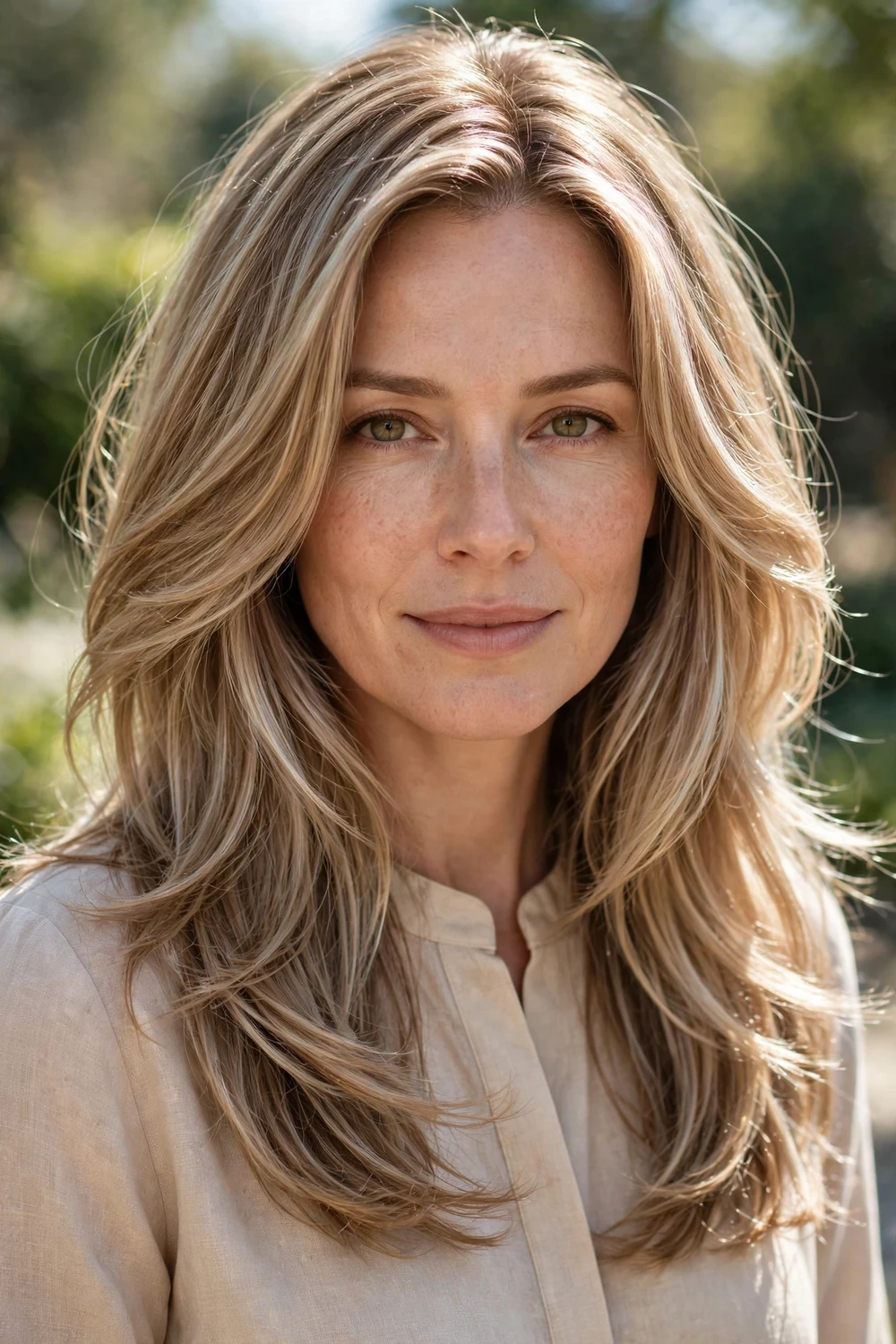 Woman with golden ash brown hair, light brunette ash blonde blend