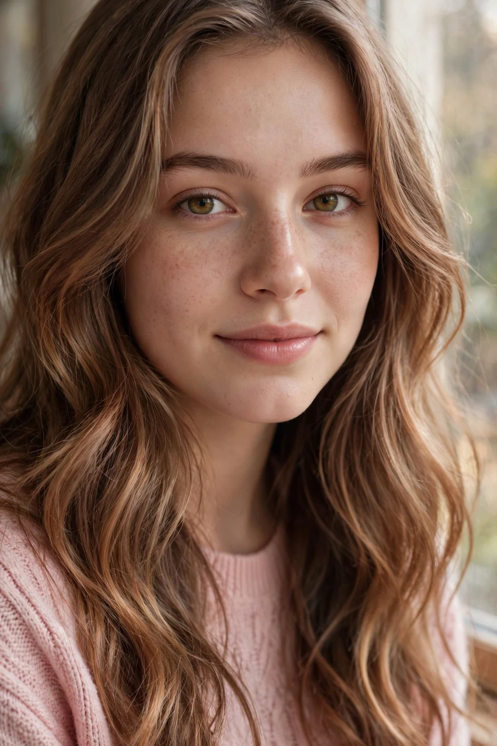 Woman with strawberry ash brown hair, hint of strawberry blonde on ash brown