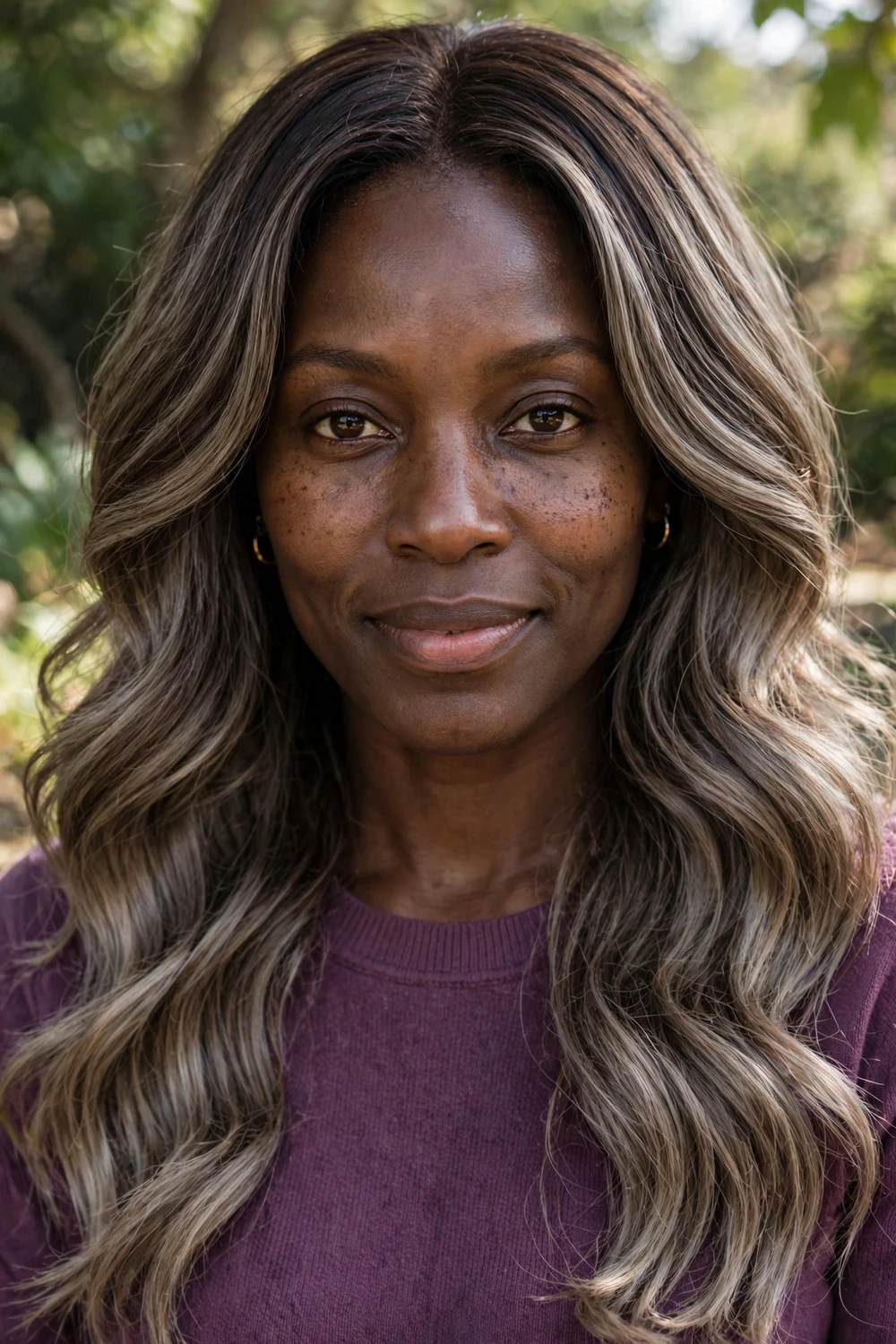 Woman with classic ash brown balayage, darker top lighter ends