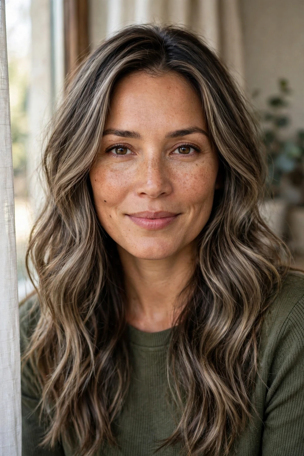Woman with lived-in ash brown balayage, soft grown-out cool brunette