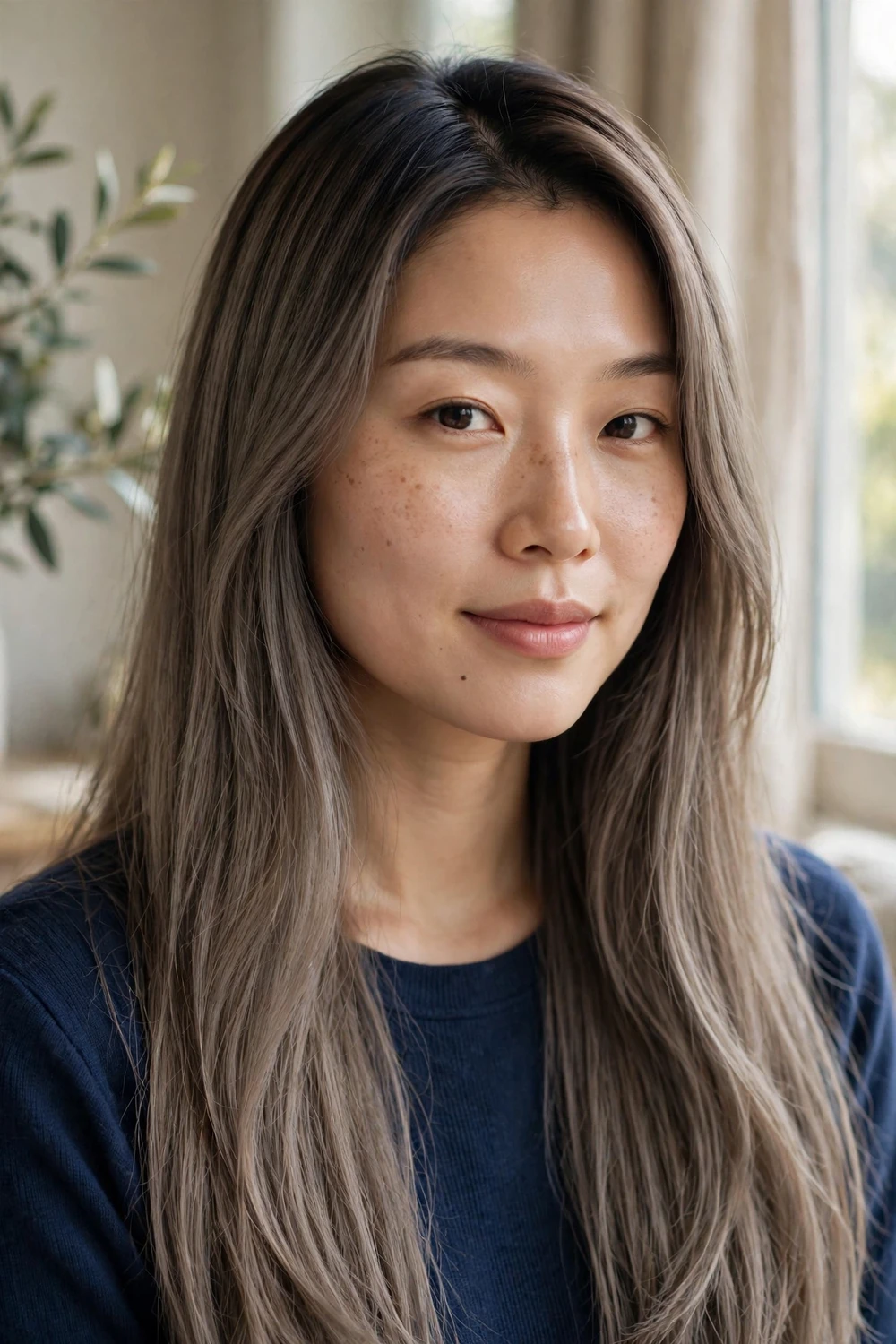 Woman with ash brown balayage and dark shadow root