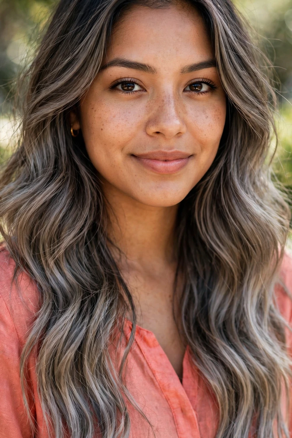 Woman with ash brown ombre fading from dark roots to ashy ends