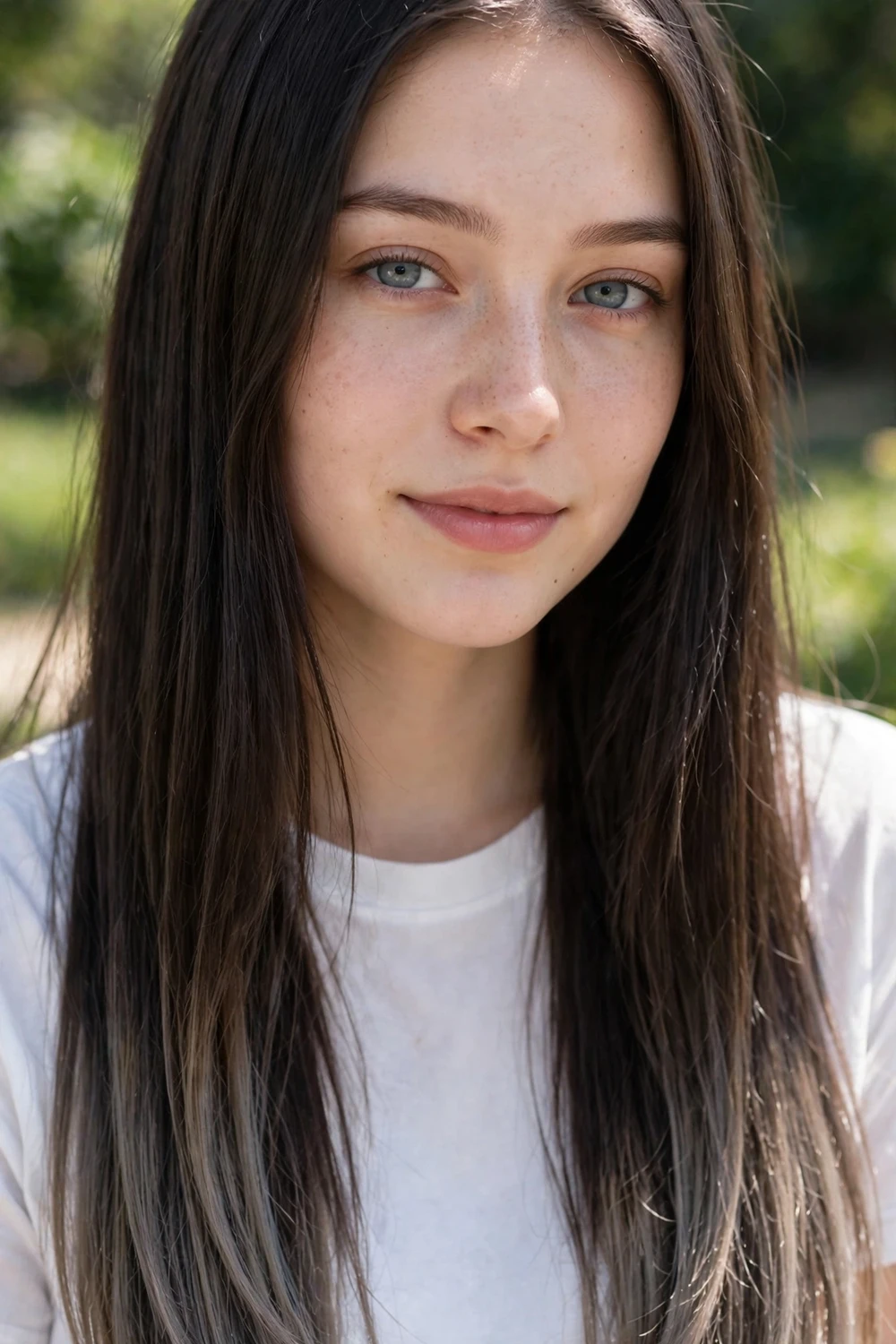 Woman with ash brown color on the tips of dark hair