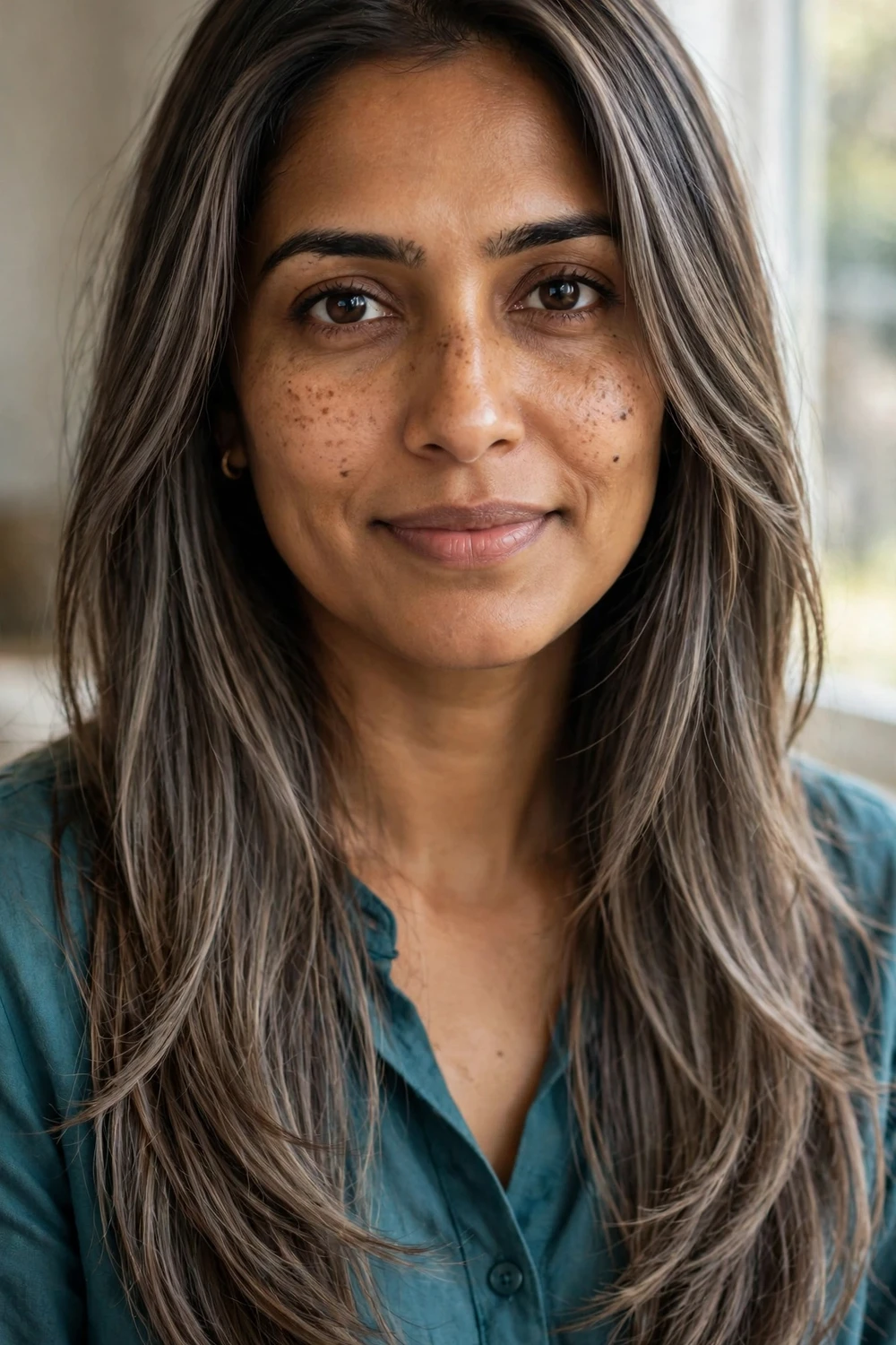 Woman with ash brown foilyage, soft foiled ash dimension