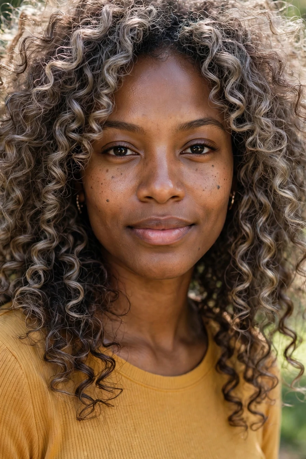 Woman with taupe ash brown curls, gray beige brunette