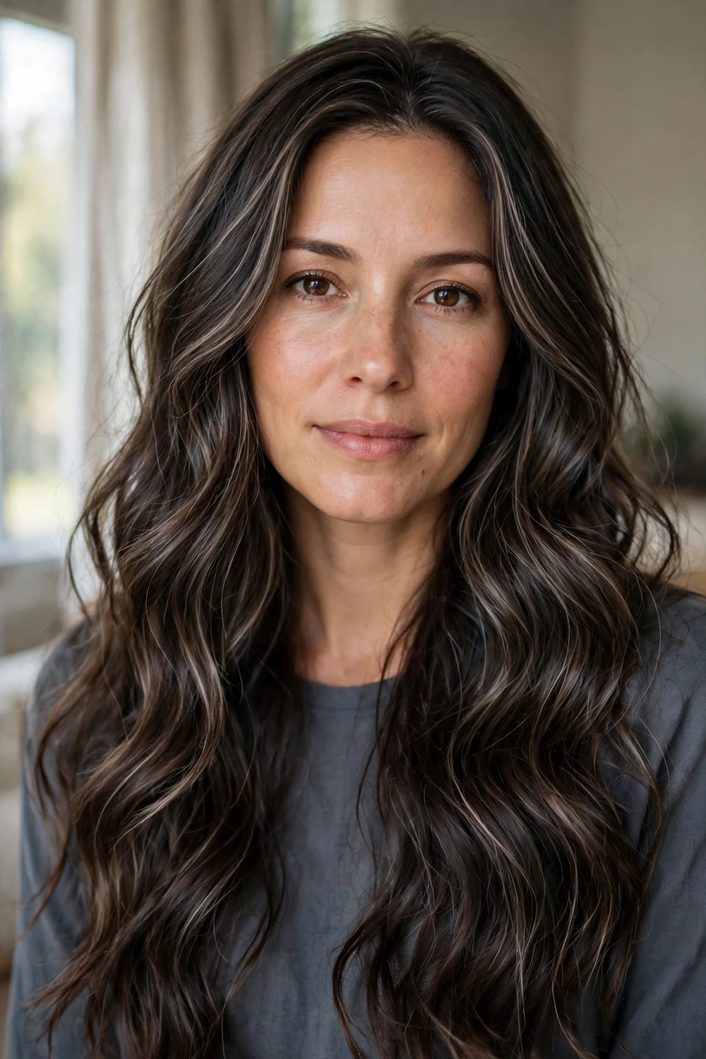 Woman with smoky brunette waves and fine ash highlights