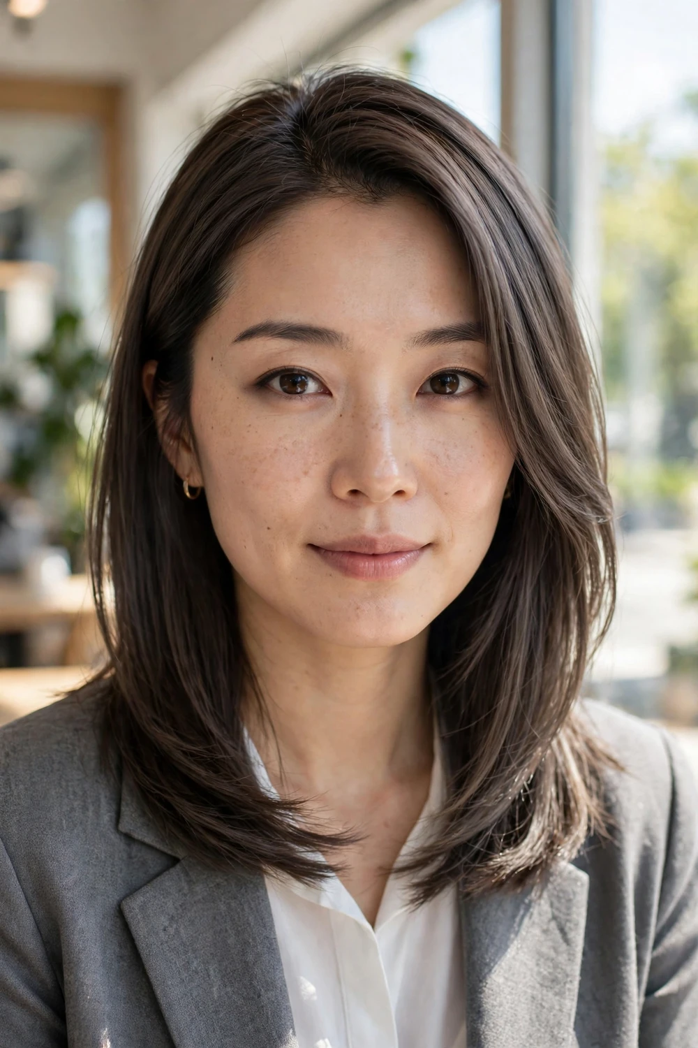 Woman with a smoky ash brown lob haircut