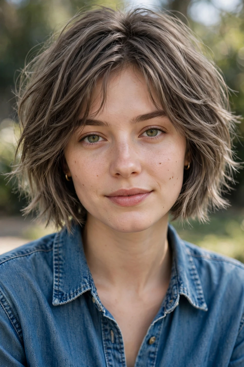 Woman with a textured ash brown bob with subtle highlights