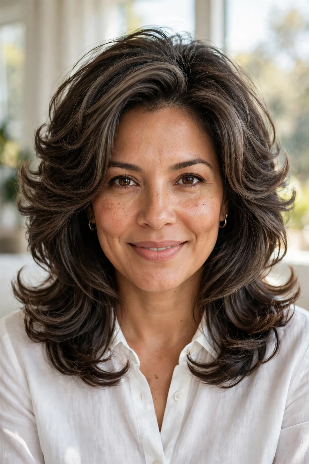 Woman with layered ash brown blowout, bouncy cool brunette layers