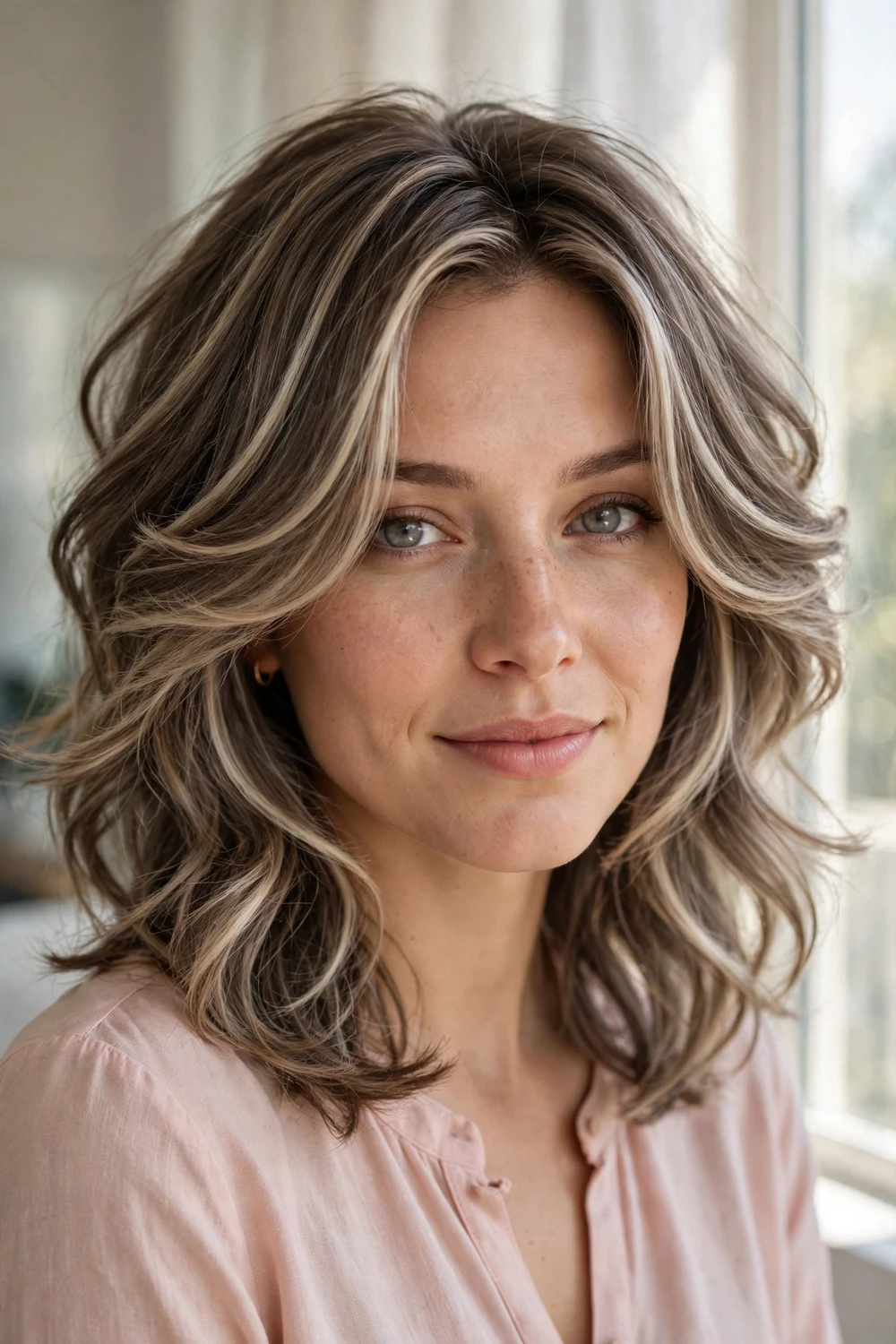 Woman with butterfly layers and smoky blonde ribbons in ash brown hair