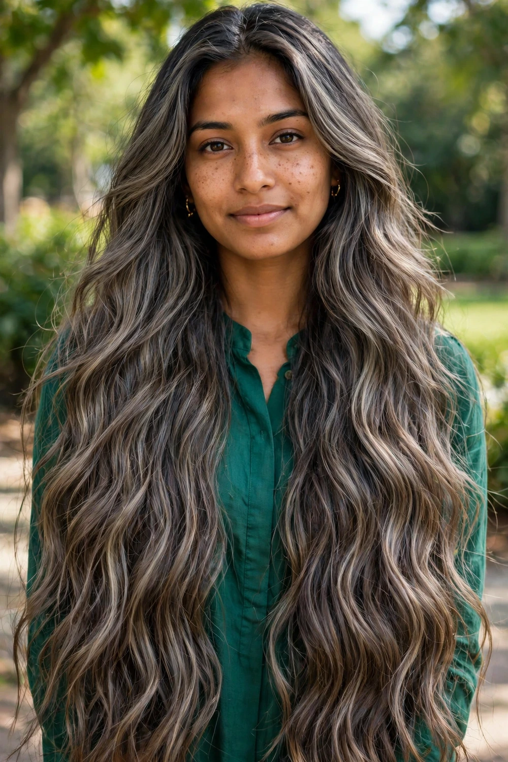 Woman with long smoky ash brown waves and dimensional highlights