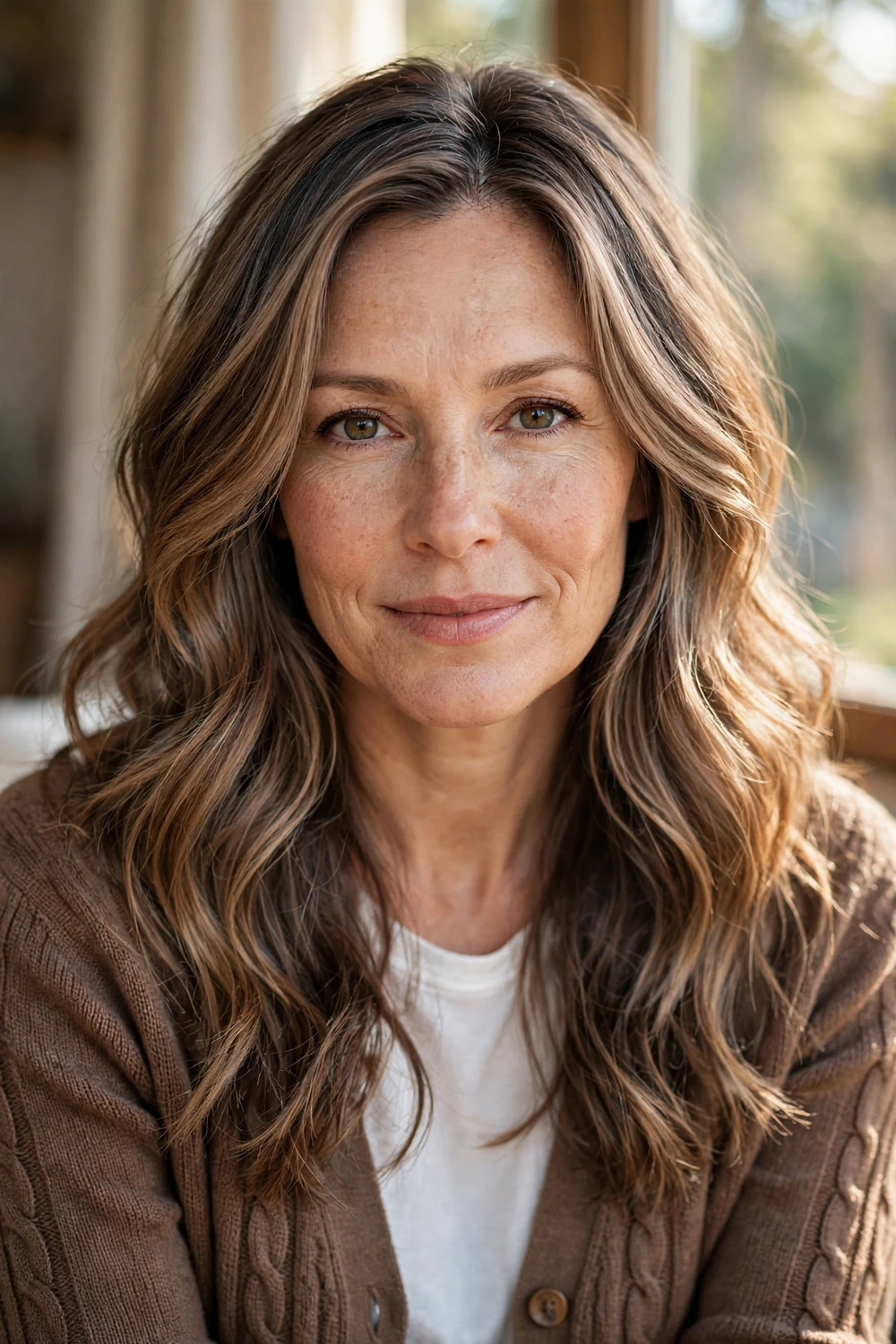 Woman with warm caramel ash brown hair, caramel tones in cool brunette