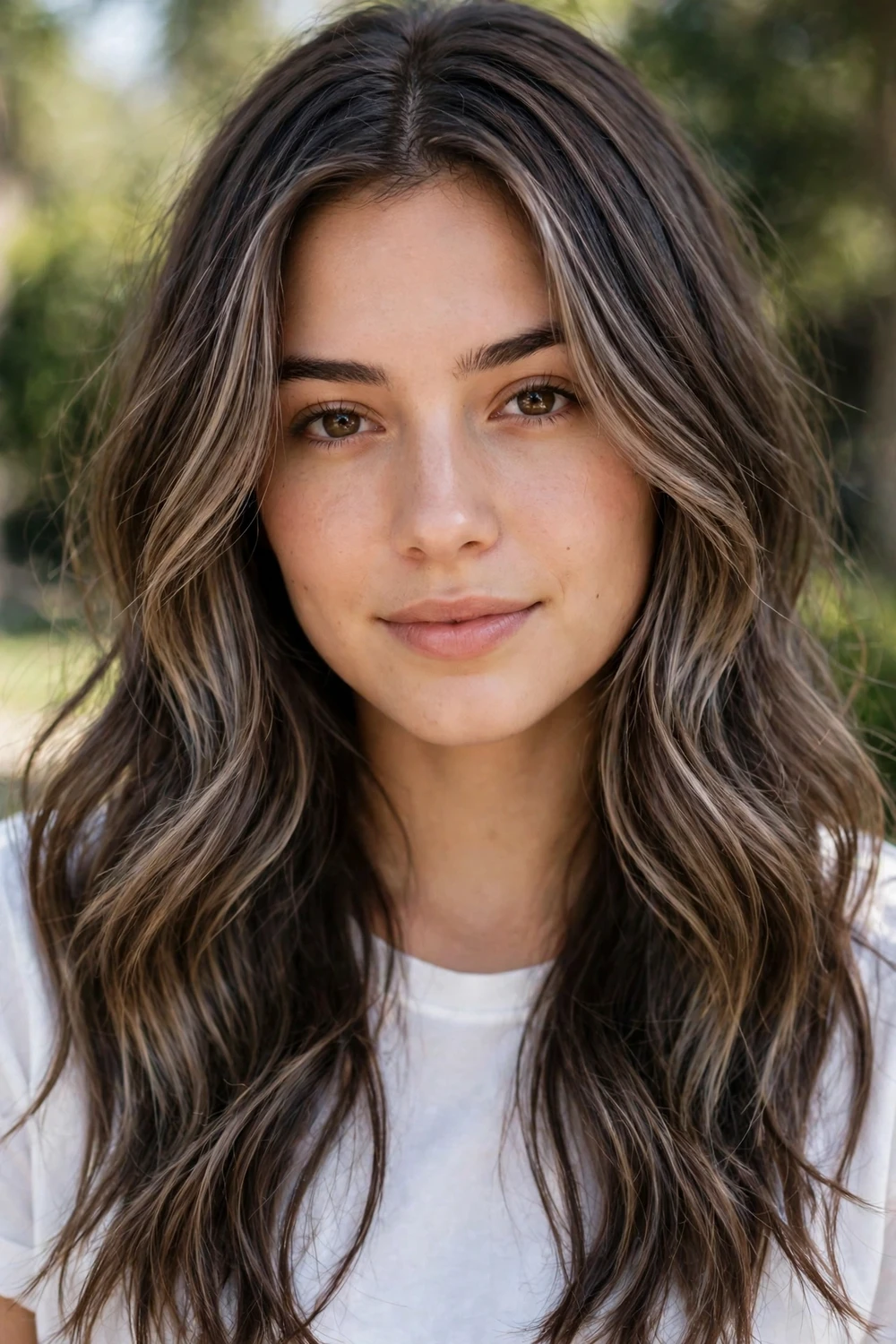 Woman with face-framing ash brown highlights on cool brunette hair