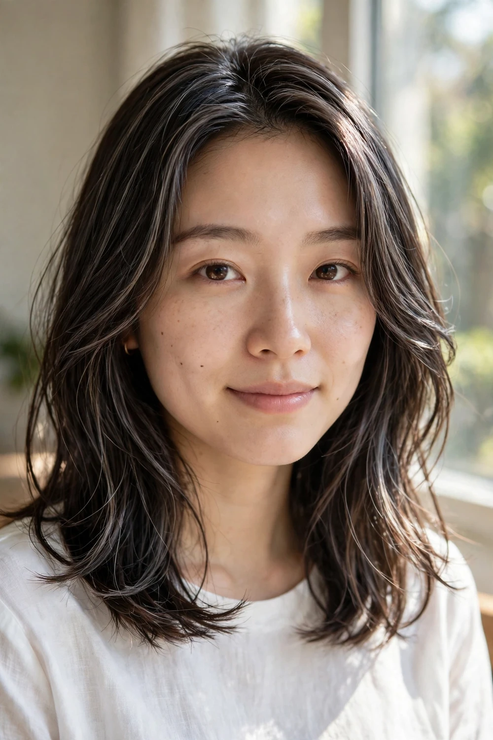 Woman with ash brown highlights on dark hair