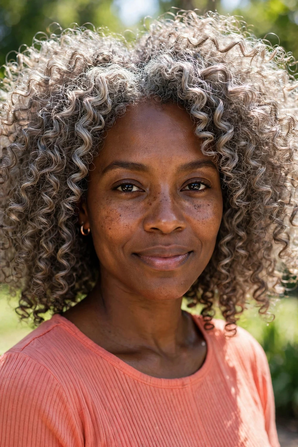Woman with curly light ash brown hair
