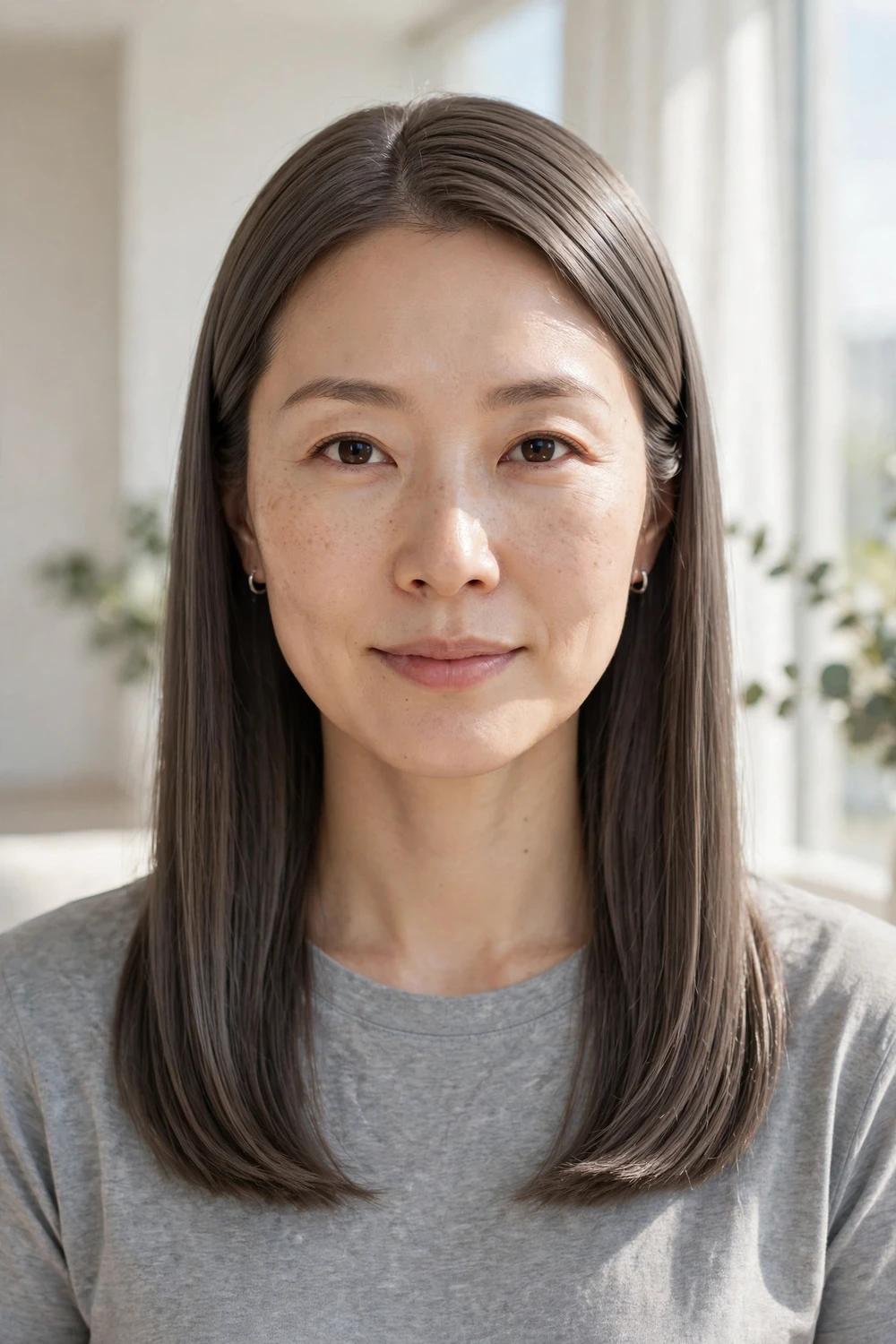 Woman with sleek straight ash brown hair