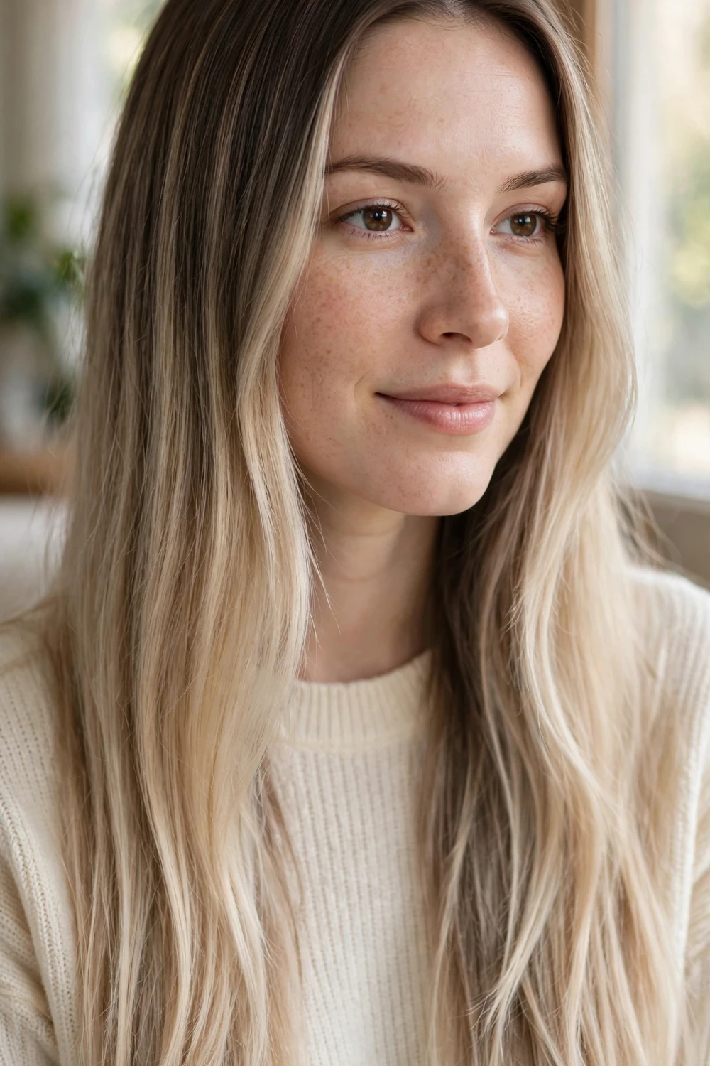 Woman with beige ash blonde ends on ash brown hair
