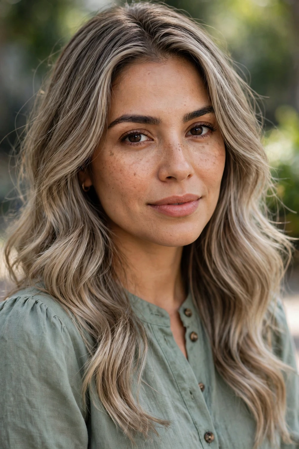 Woman with ash bronde hair, brown blonde blend with ashy finish