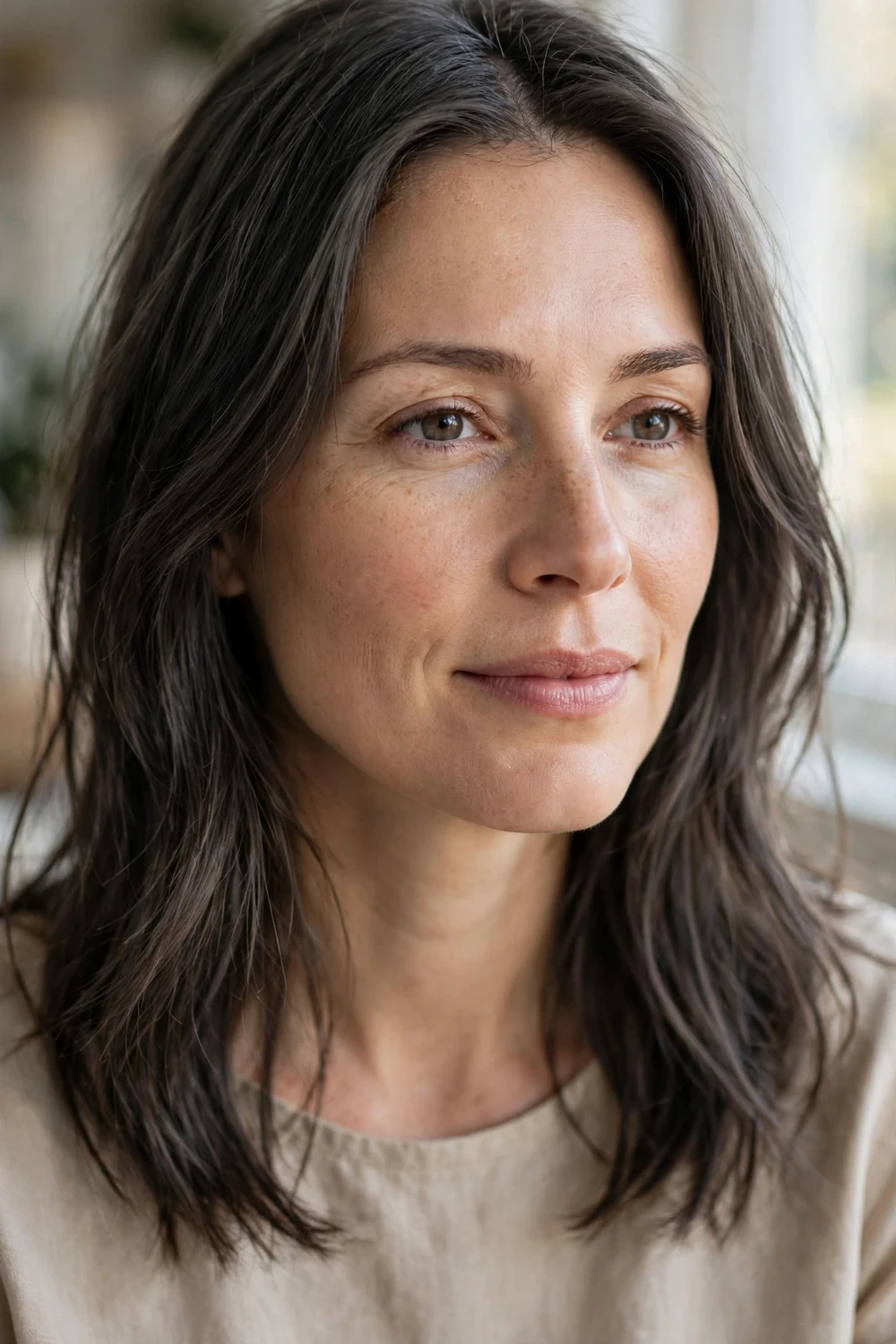 Woman with natural cool brown hair, understated everyday ash brunette