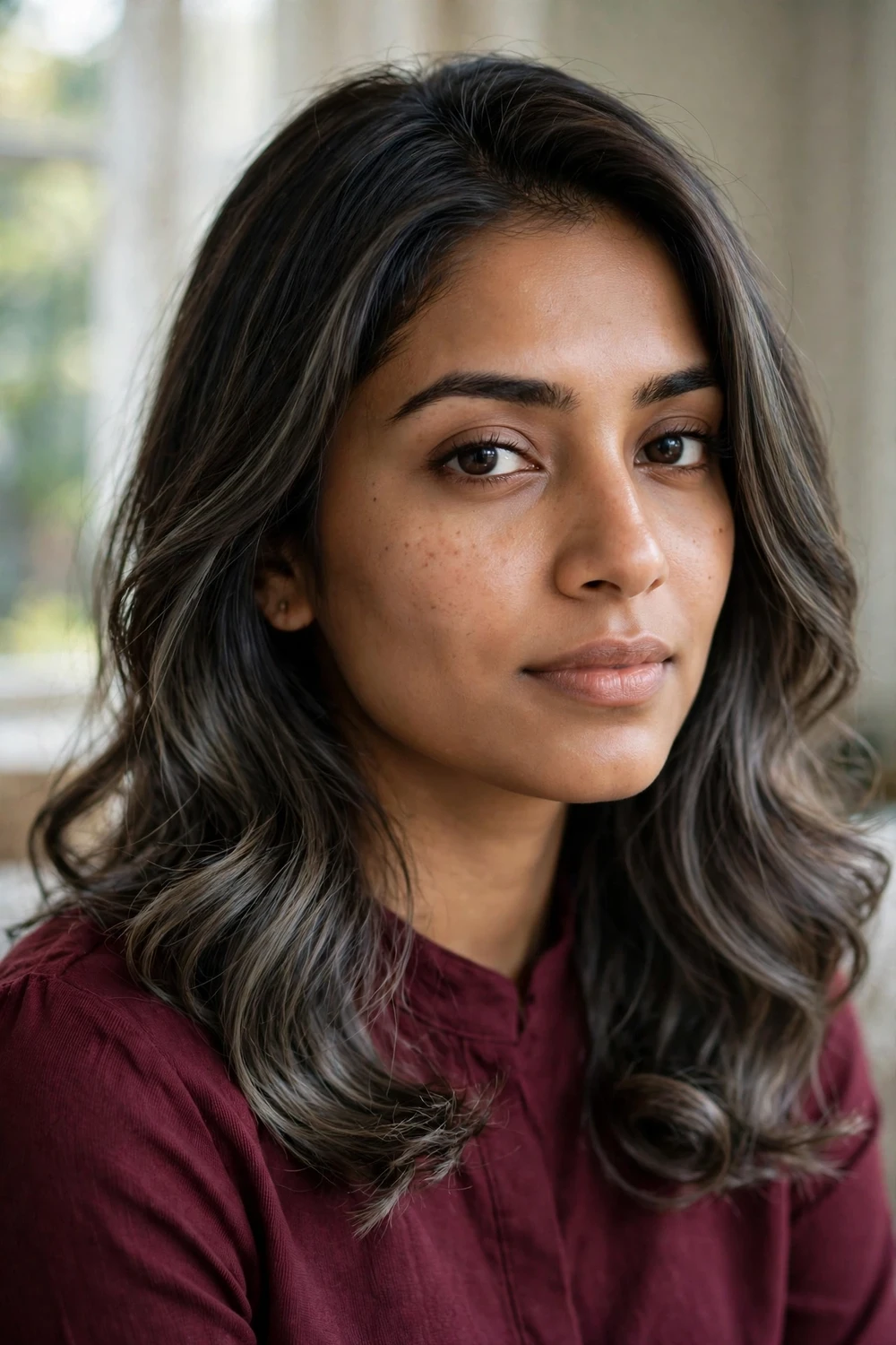 Woman with dark cool-toned balayage on shoulder-length hair