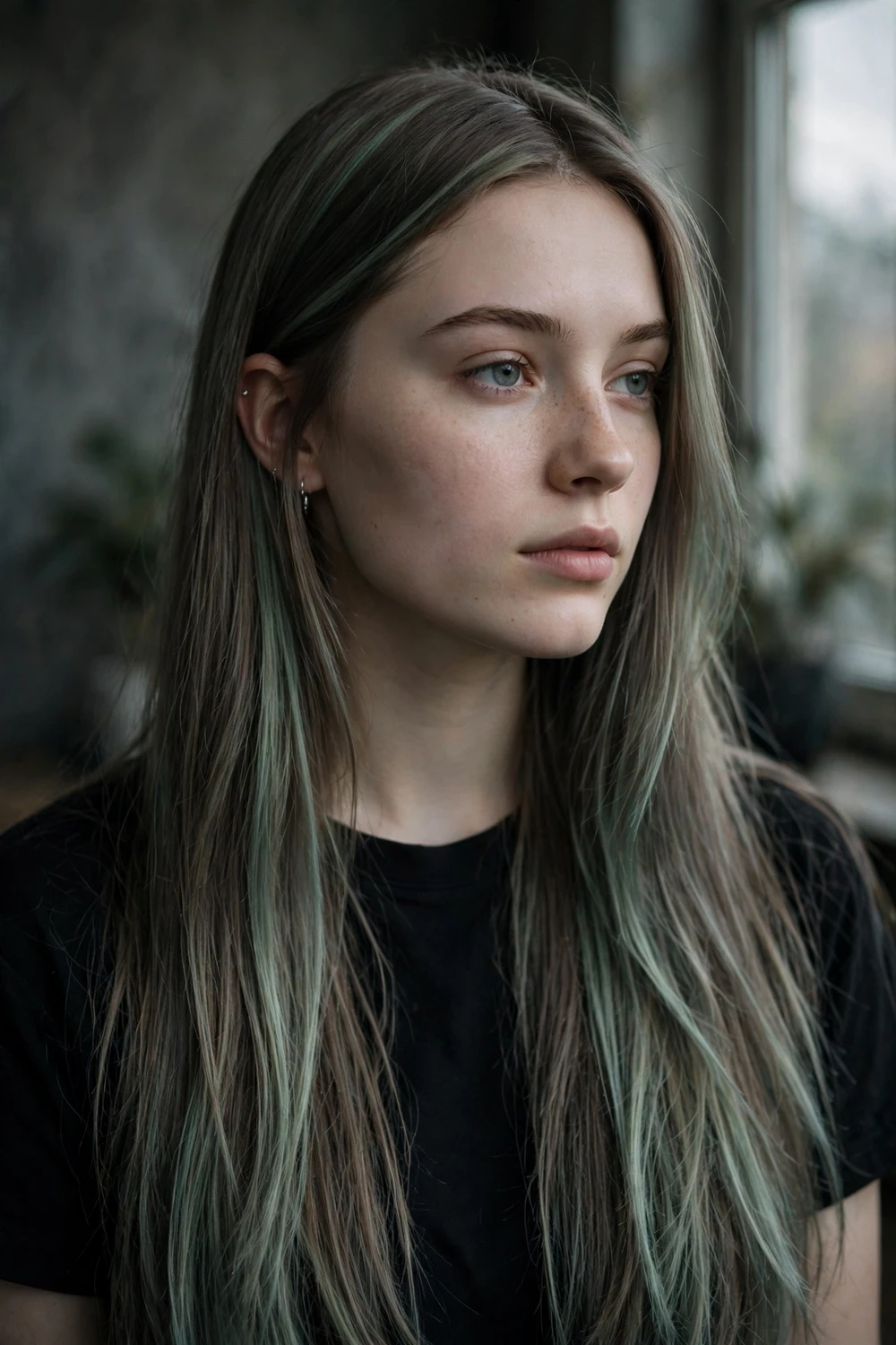 Woman with mint-tinted ash brown hair, subtle green undertone