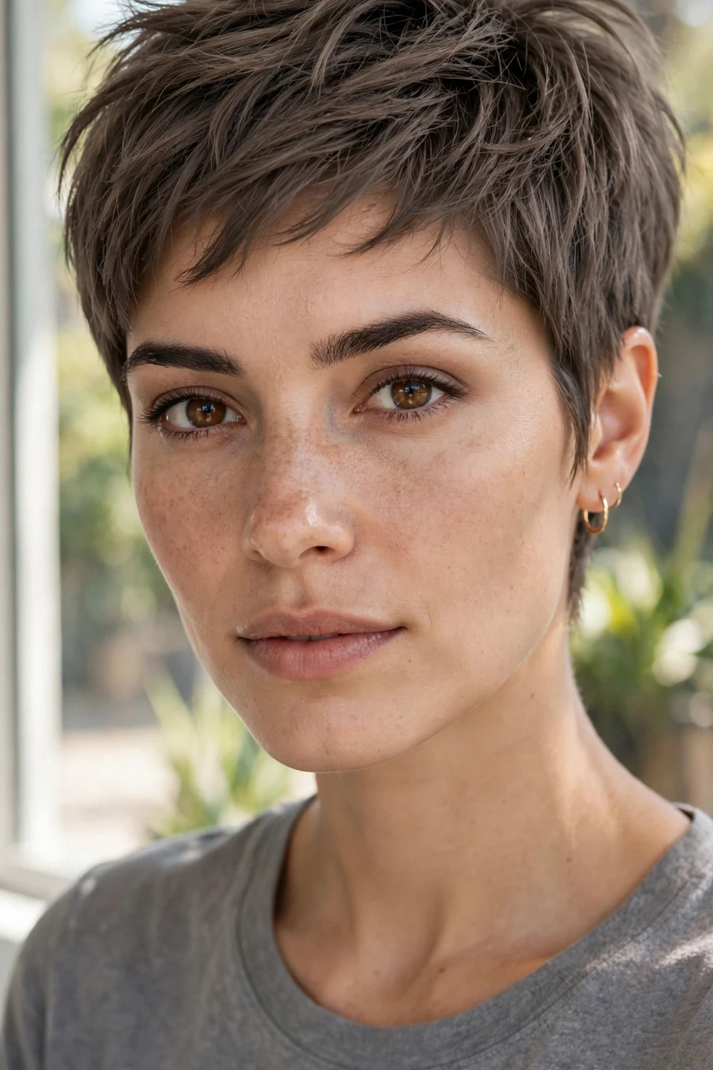 Woman with an ash brown pixie cut