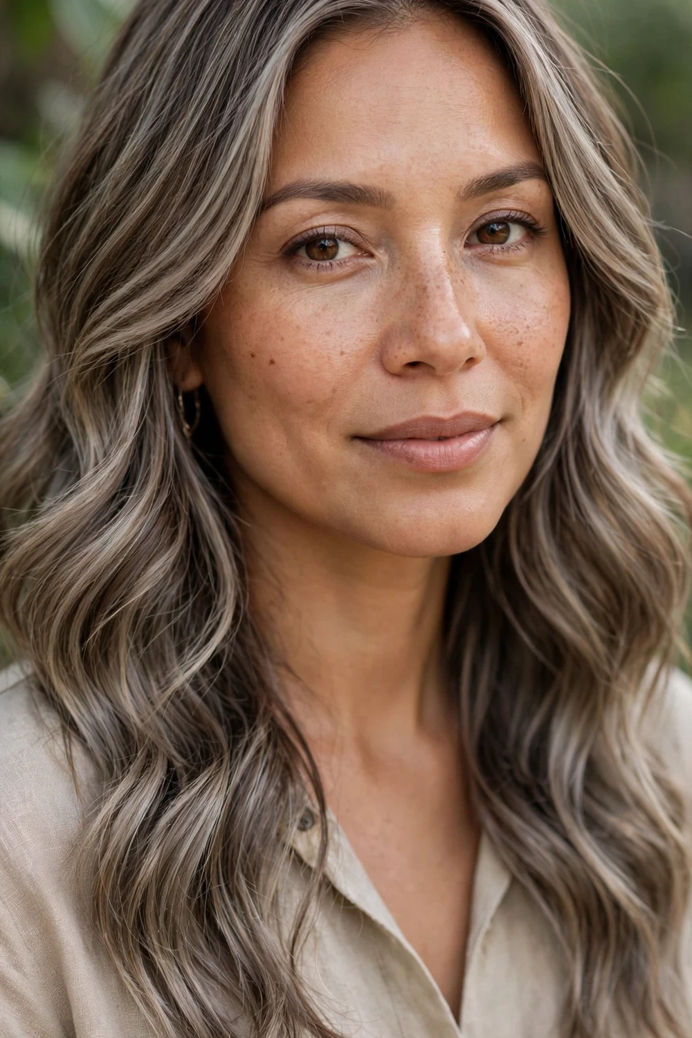 Woman with mushroom ash brown hair, blend of blonde brown and gray