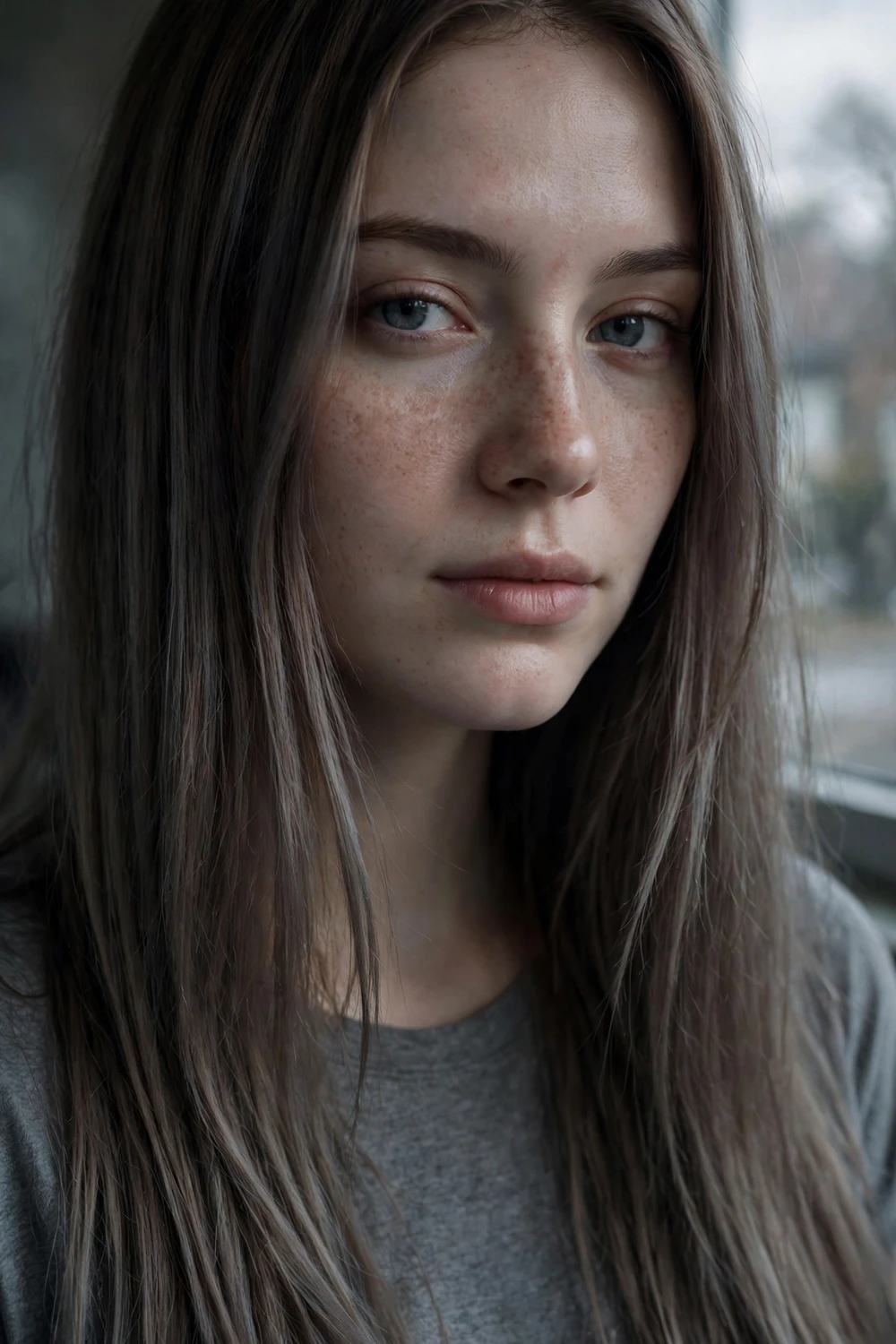 Woman with smoked ash brown hair, dusty smoky brunette