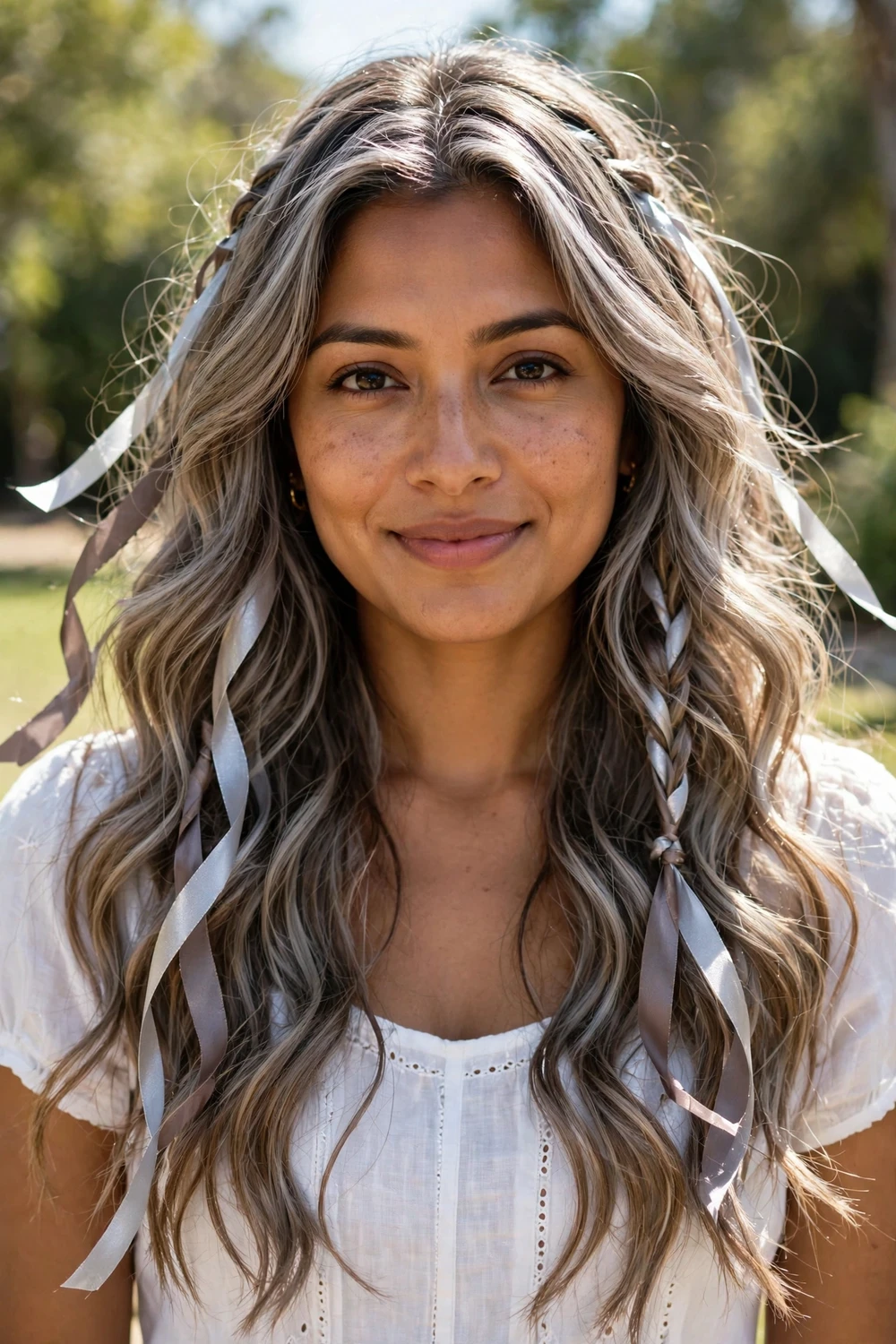 Woman with silver ash brown waves, silver and ash brown beach waves
