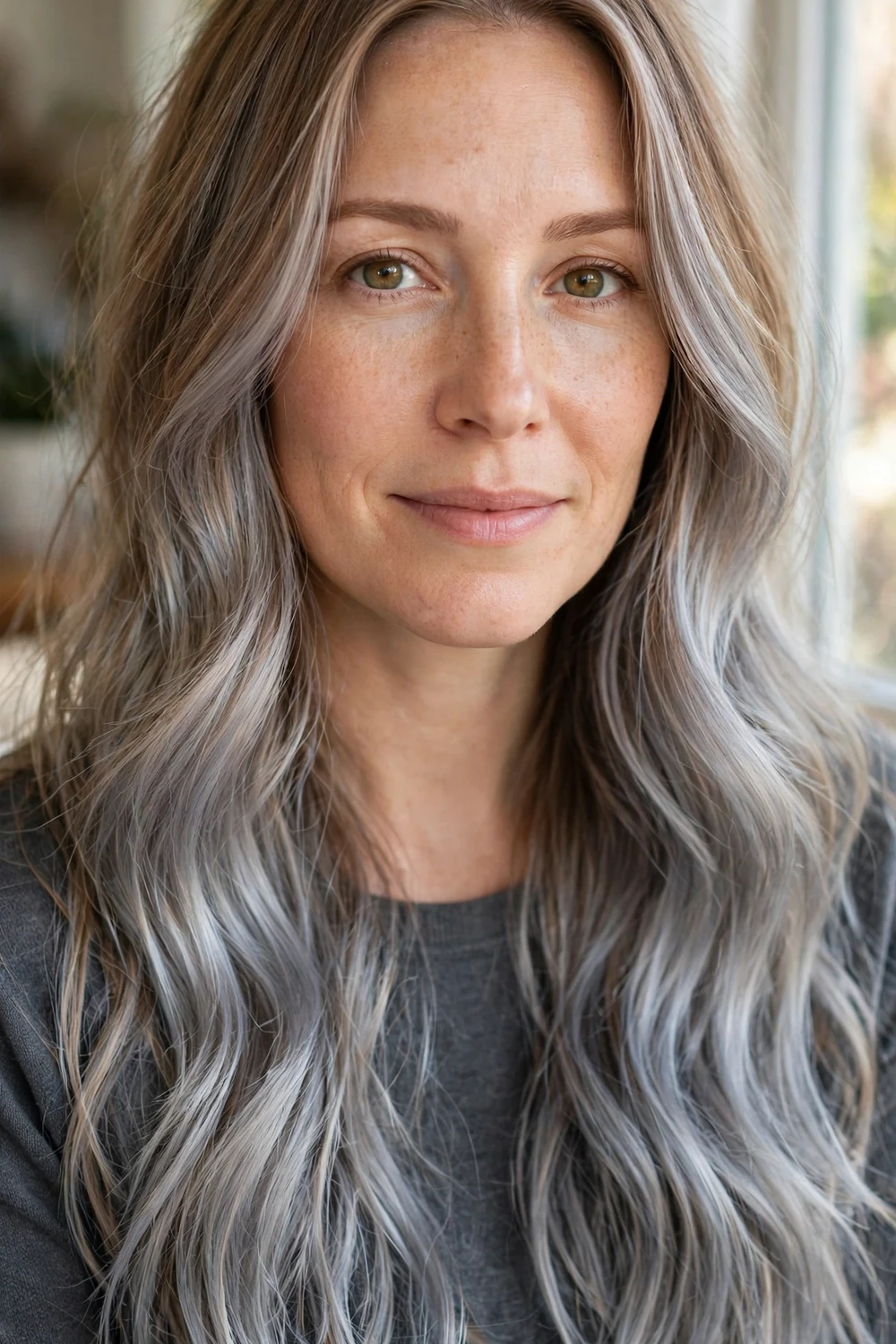 Woman with gray-brown balayage, cool gray and brown blend