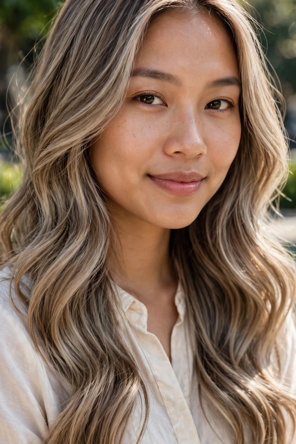 Woman with milk tea ash brown hair, creamy cool brown blonde mix