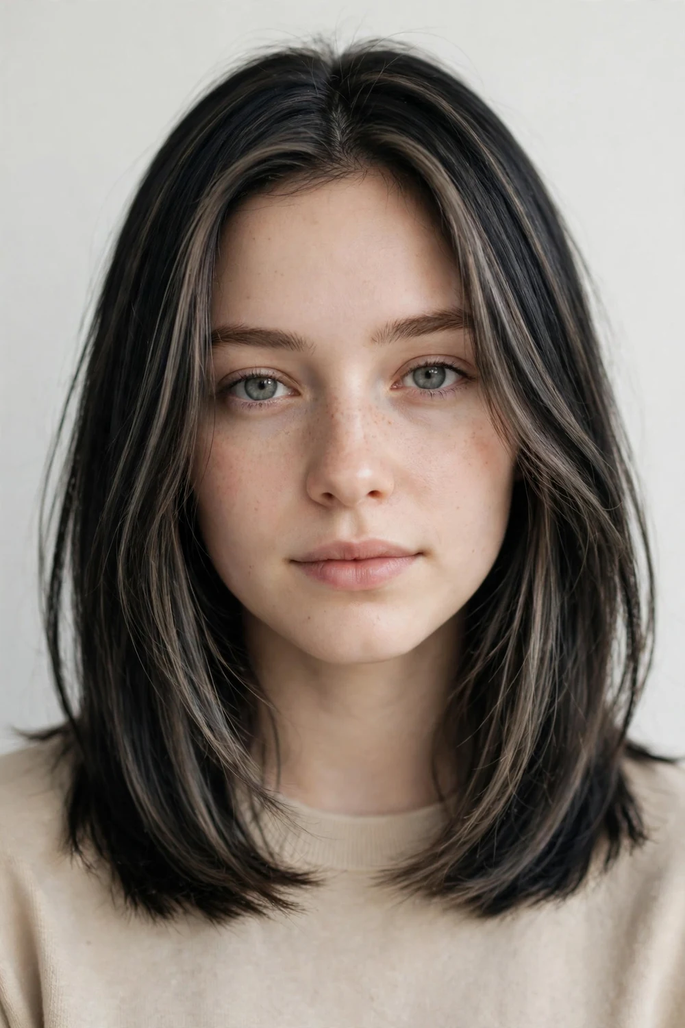 Woman with straight black hair cooled by smoky ash-brown highlights